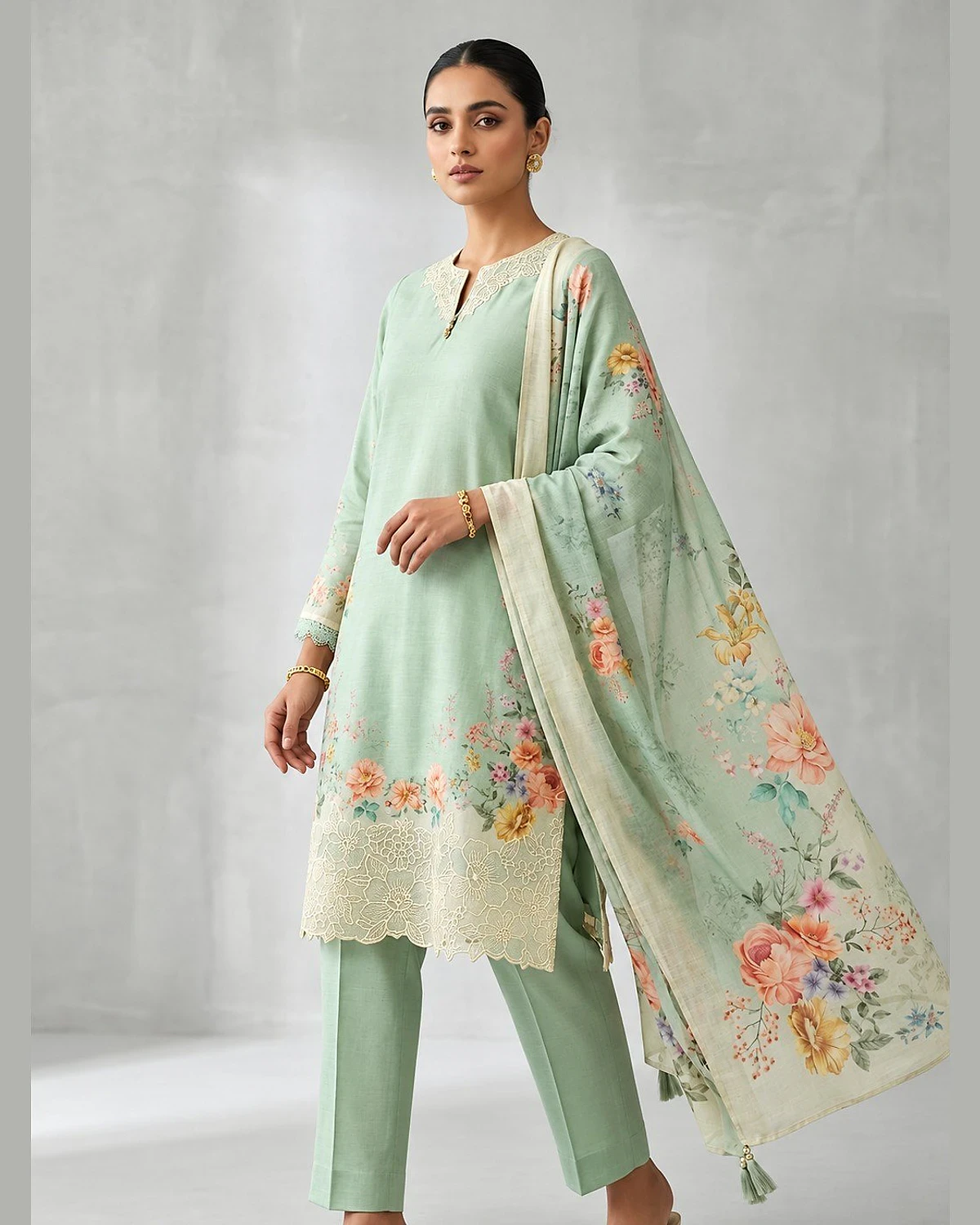 Woman wearing a mint green kurta, trousers and dupatta