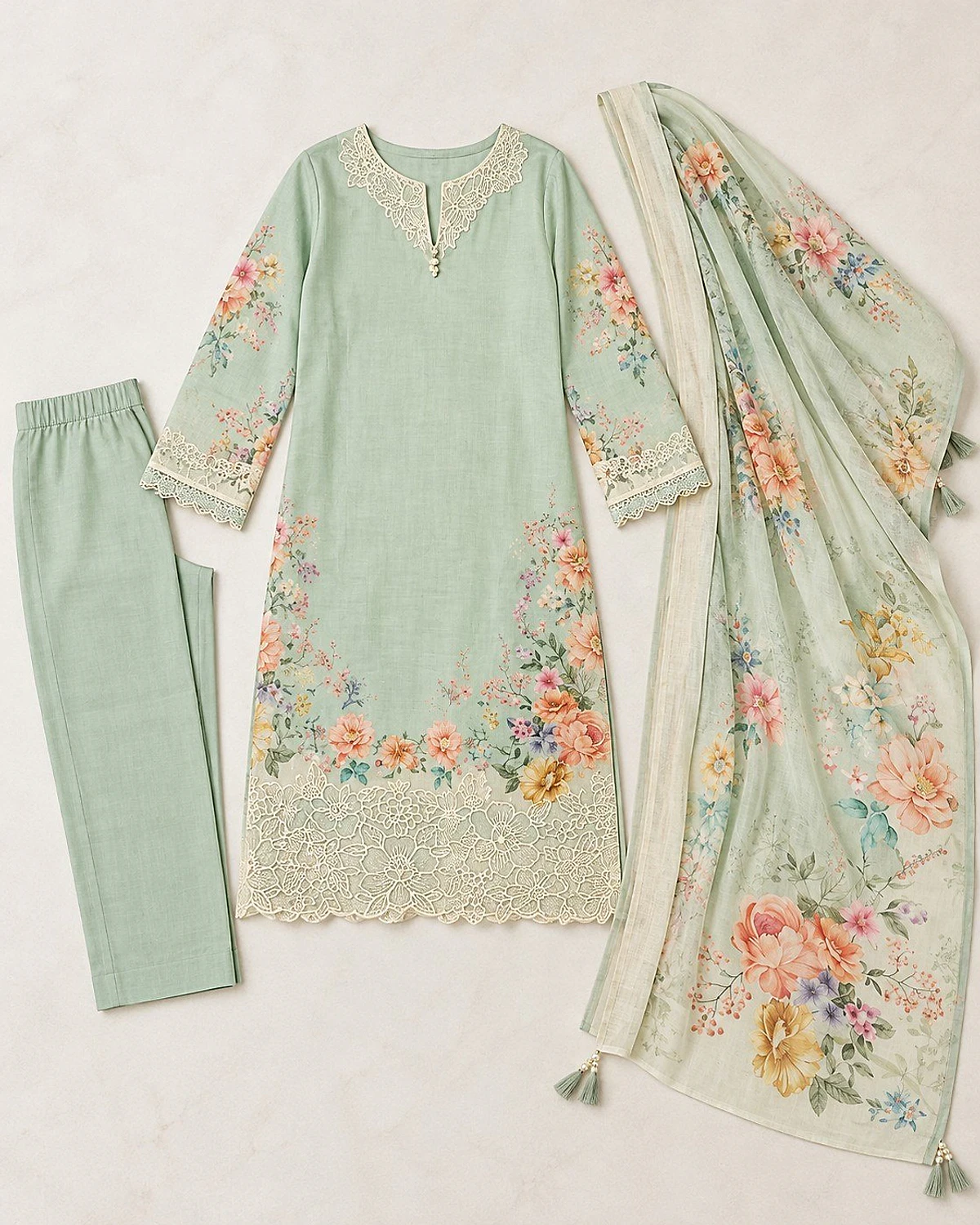 Mint green kurta, trousers and dupatta laid out flat