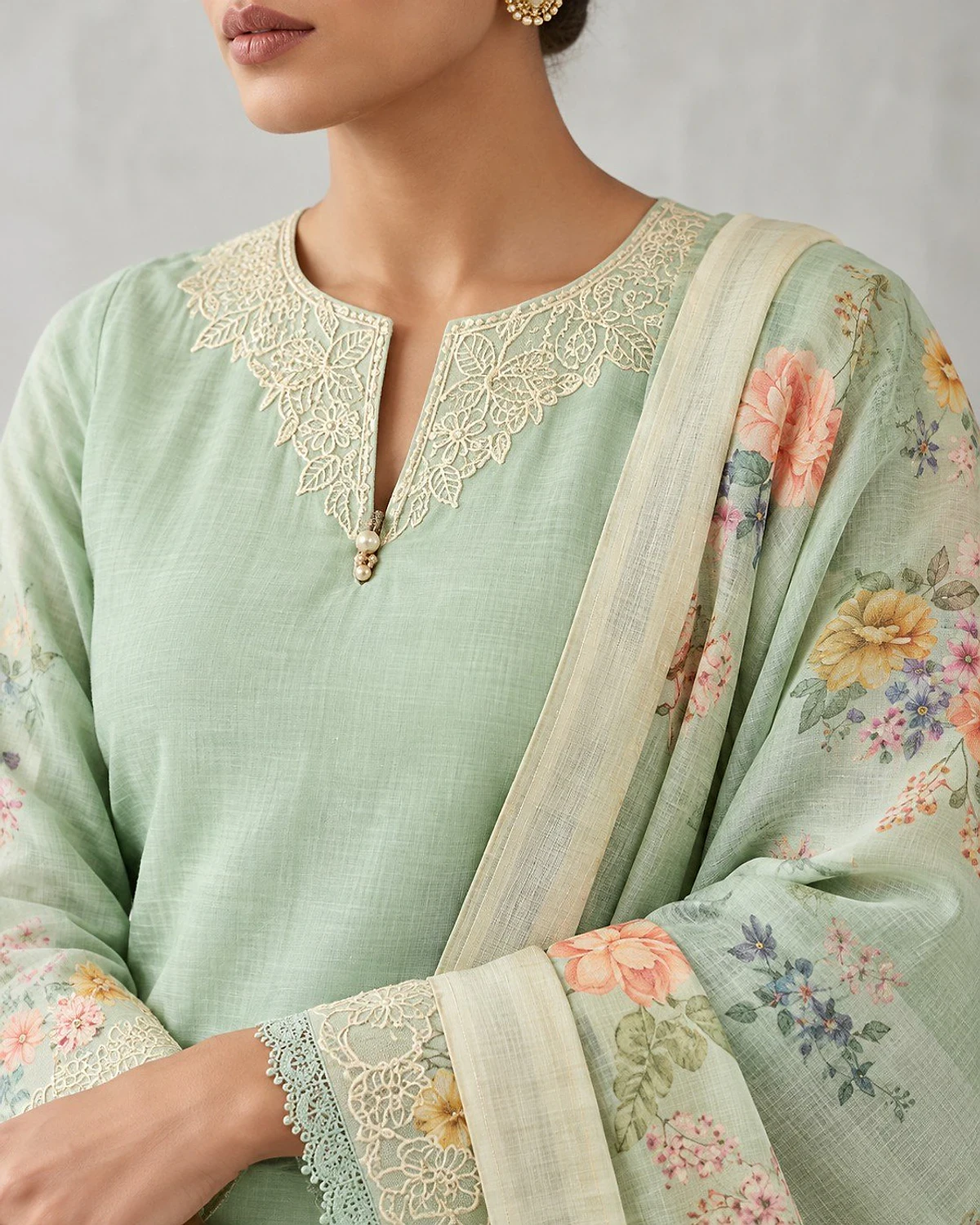 Close-up of the mint green kurta, showing a lace yoke and floral hem