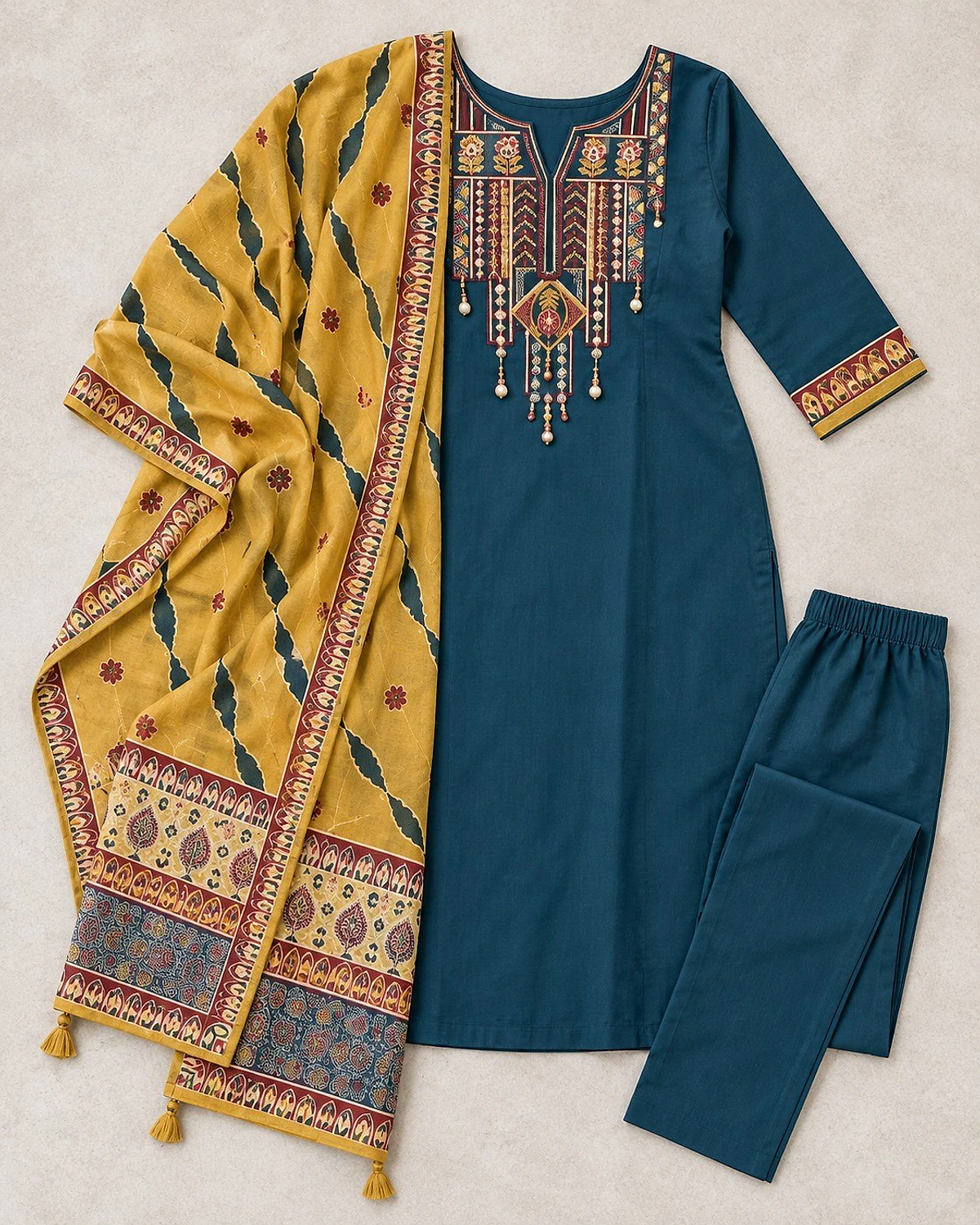 Peacock teal kurta, trousers and dupatta laid out flat