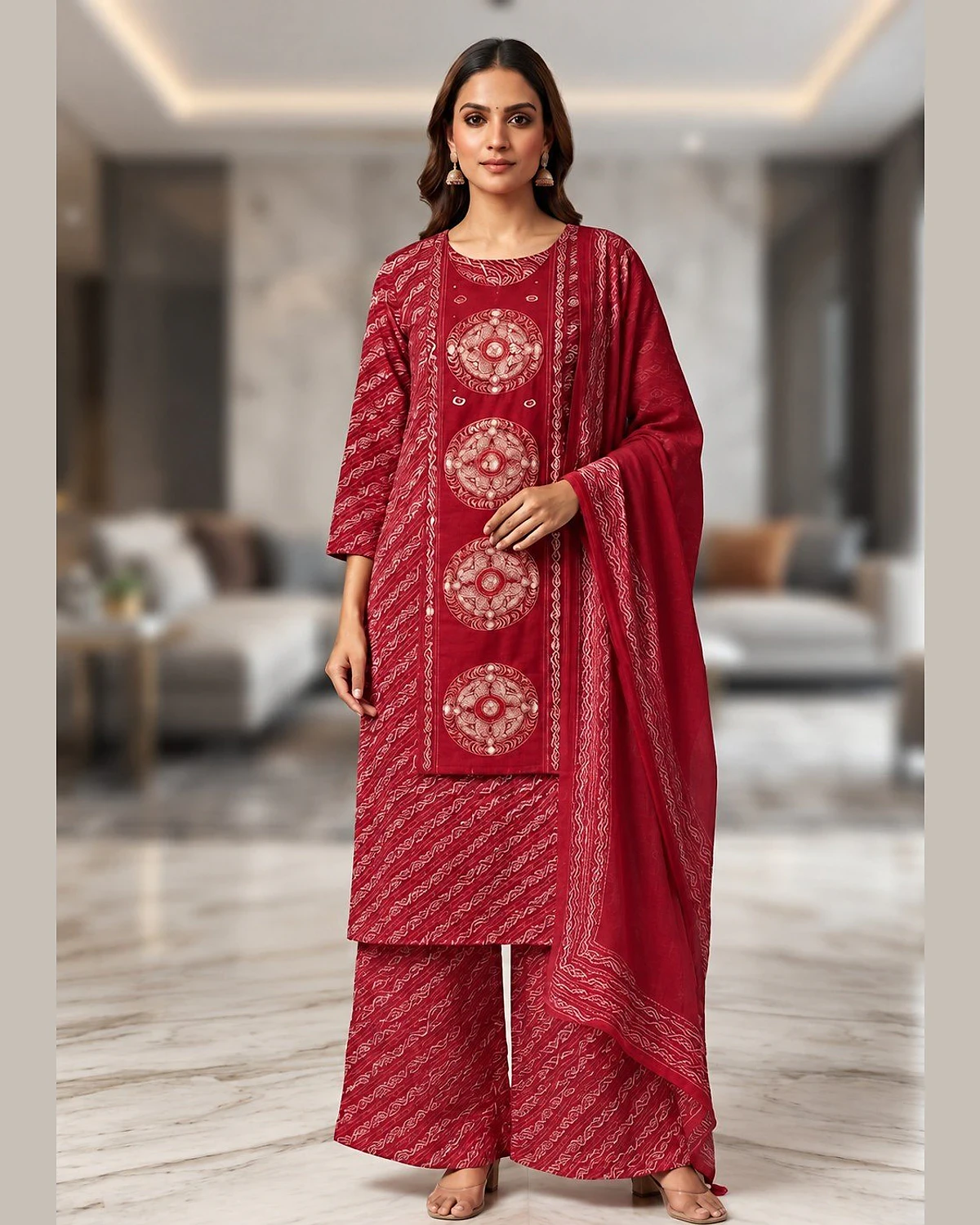 Woman wearing a red kurta, palazzo and dupatta