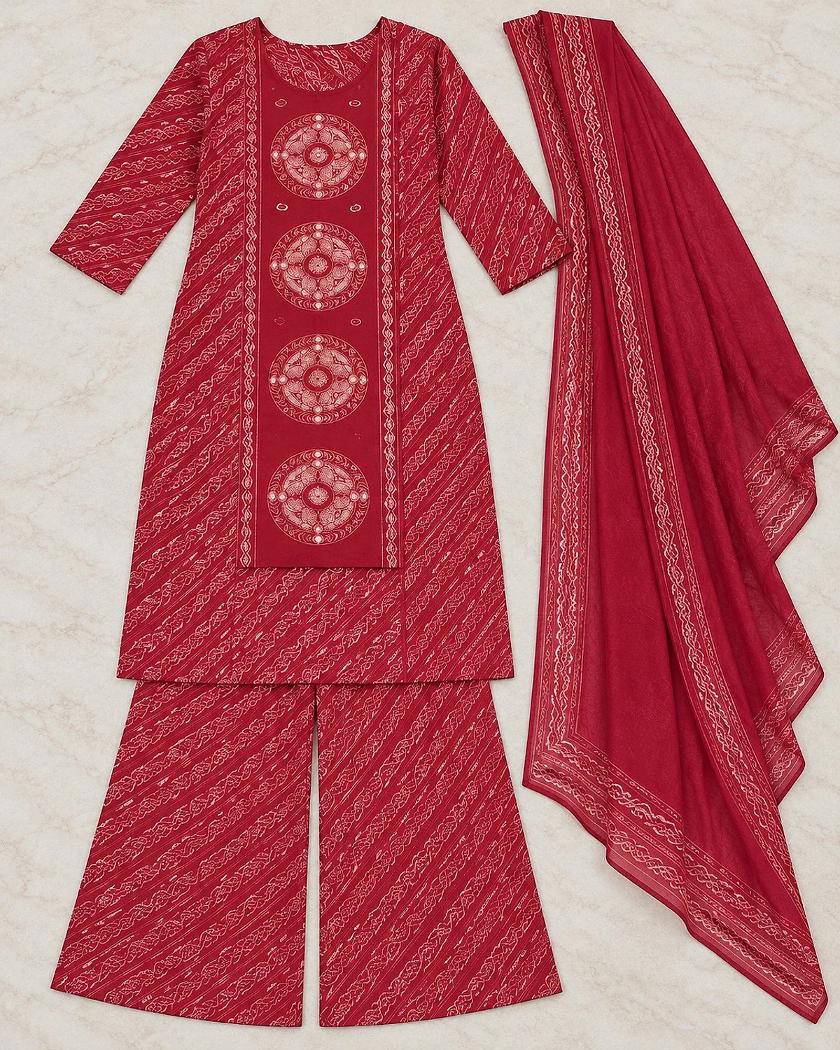 Red kurta, palazzo and dupatta laid out flat
