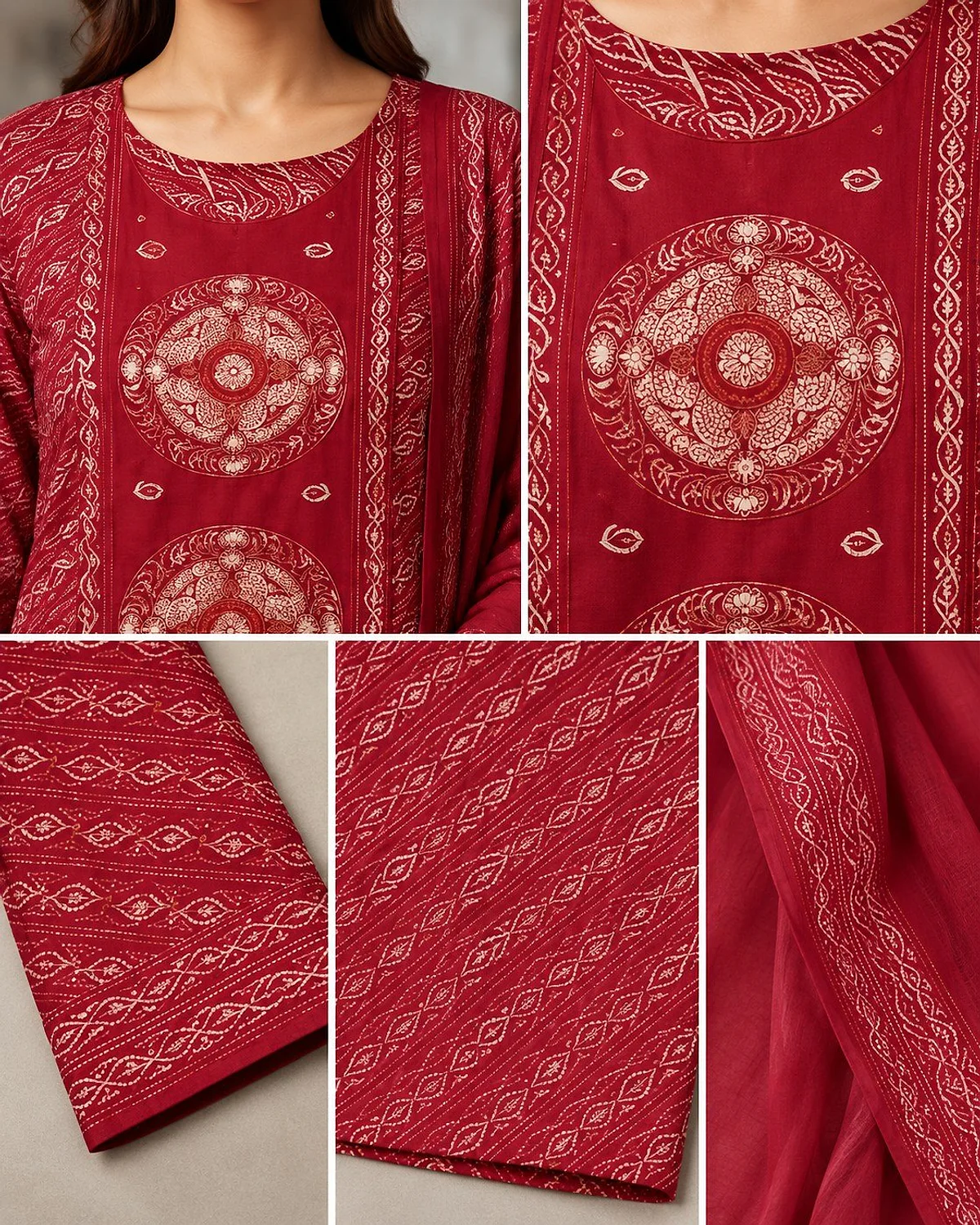 Close-up of the red kurta, showing a medallion panel and diagonal print