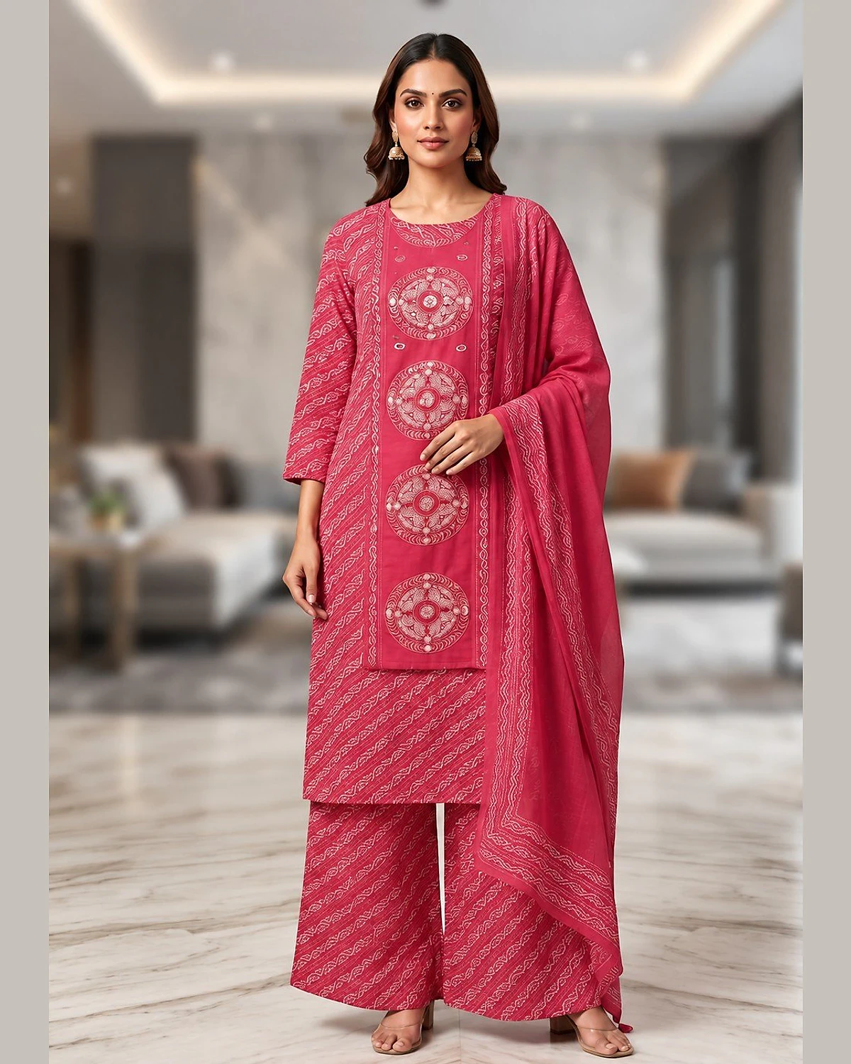 Woman wearing a rani pink kurta, palazzo and dupatta