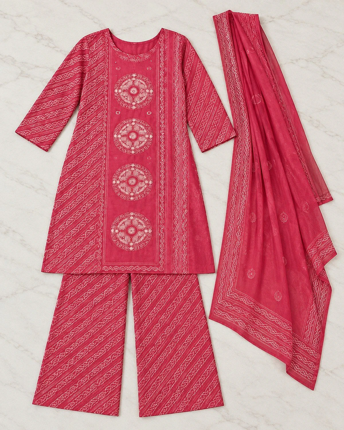 Rani pink kurta, palazzo and dupatta laid out flat