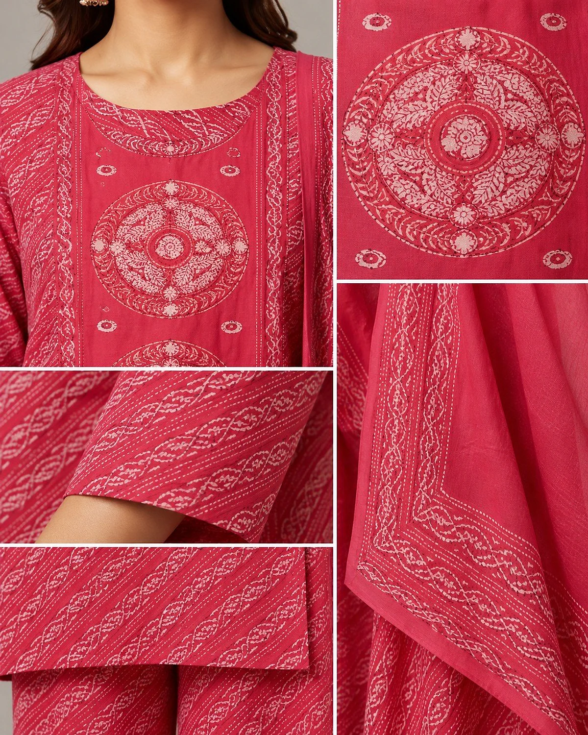 Close-up of the rani pink kurta, showing a medallion panel and diagonal print