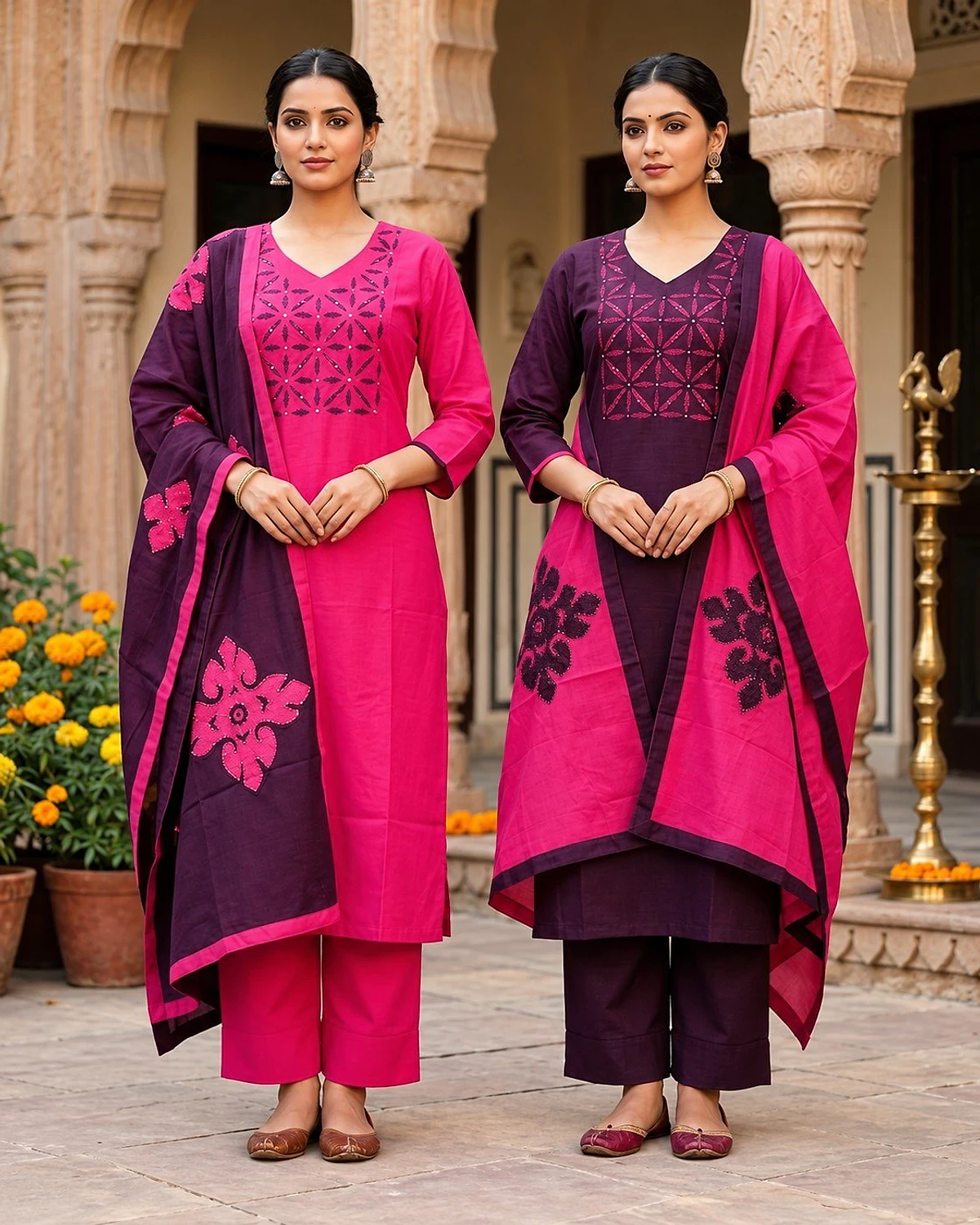 Two women in the same design: one in this fuchsia kurta set with dupatta, one in a plum colourway