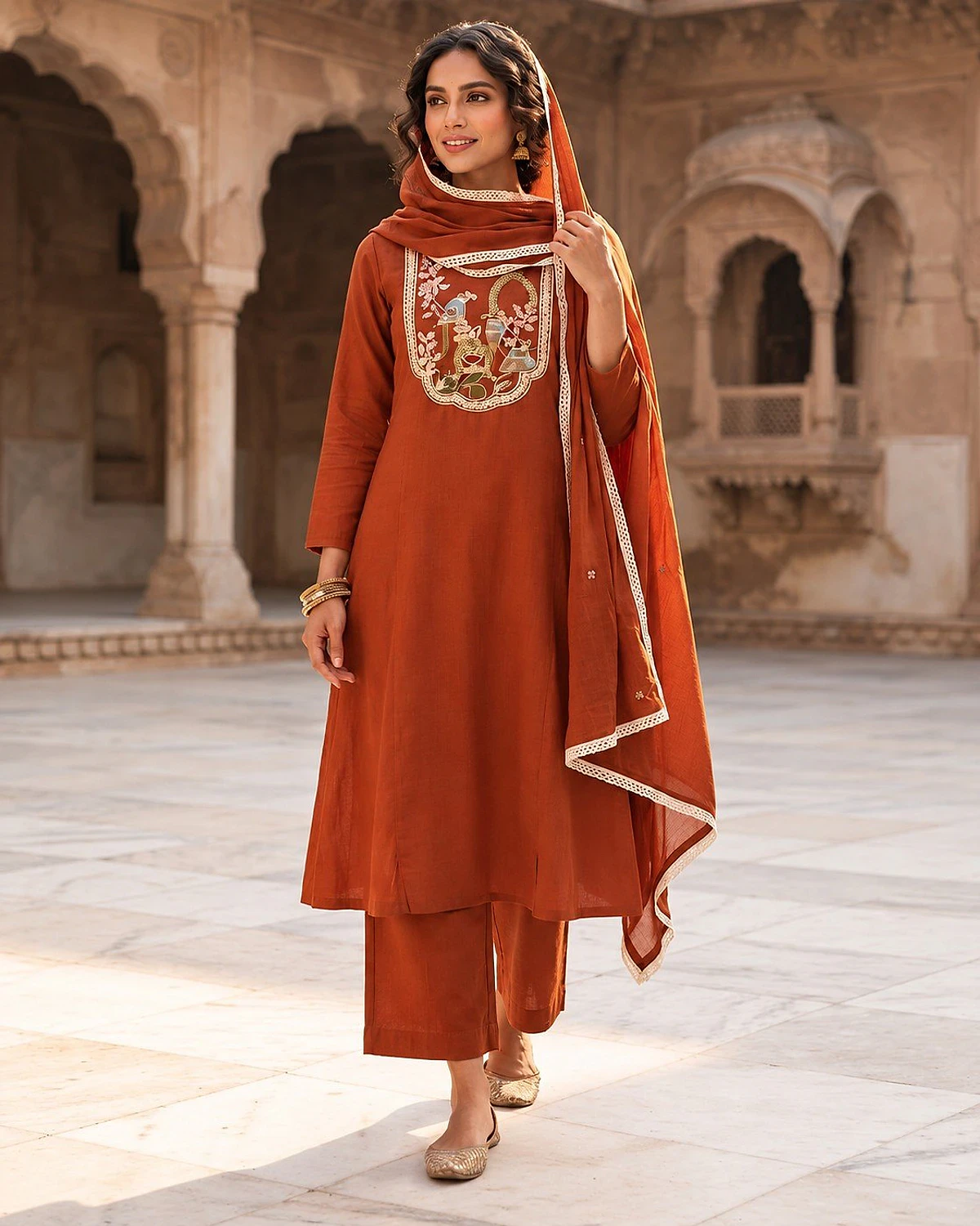 Woman wearing a rust kurta, trousers and dupatta