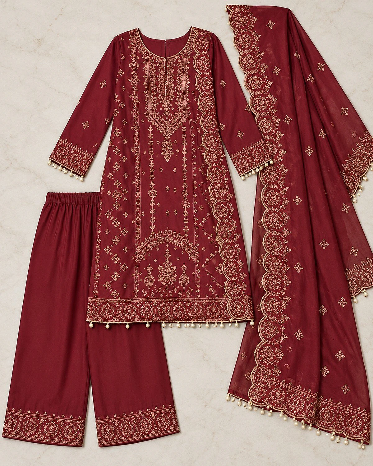 Wine kurta, palazzo and dupatta laid out flat