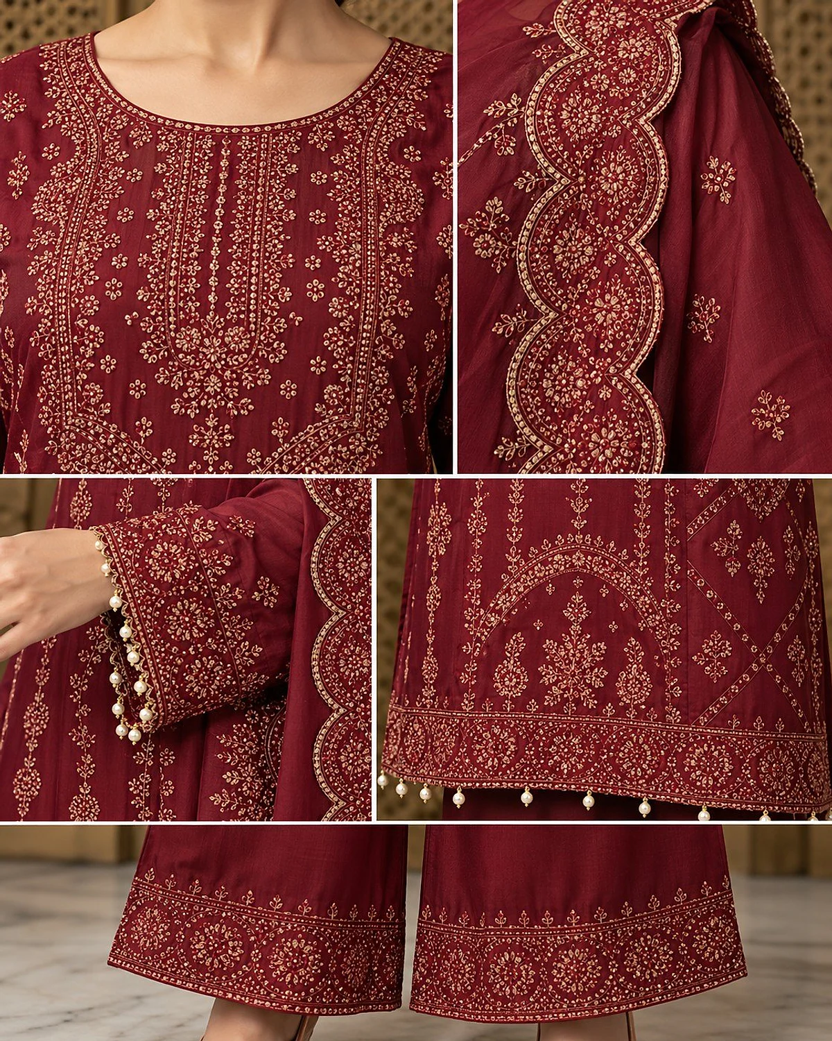 Close-up of the wine kurta, showing fine tonal motifs and pearl-look drops