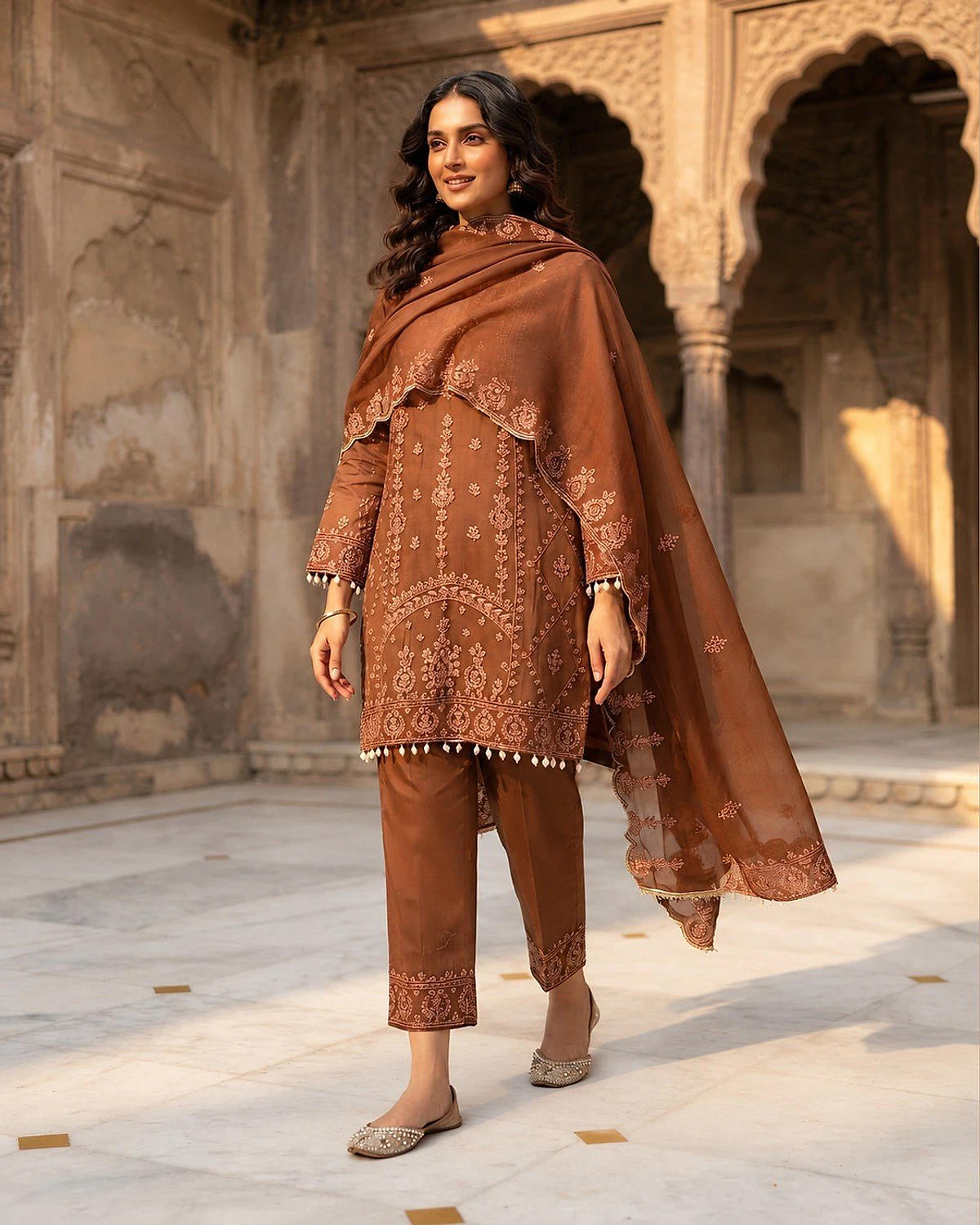 Woman wearing a brown kurta, trousers and dupatta