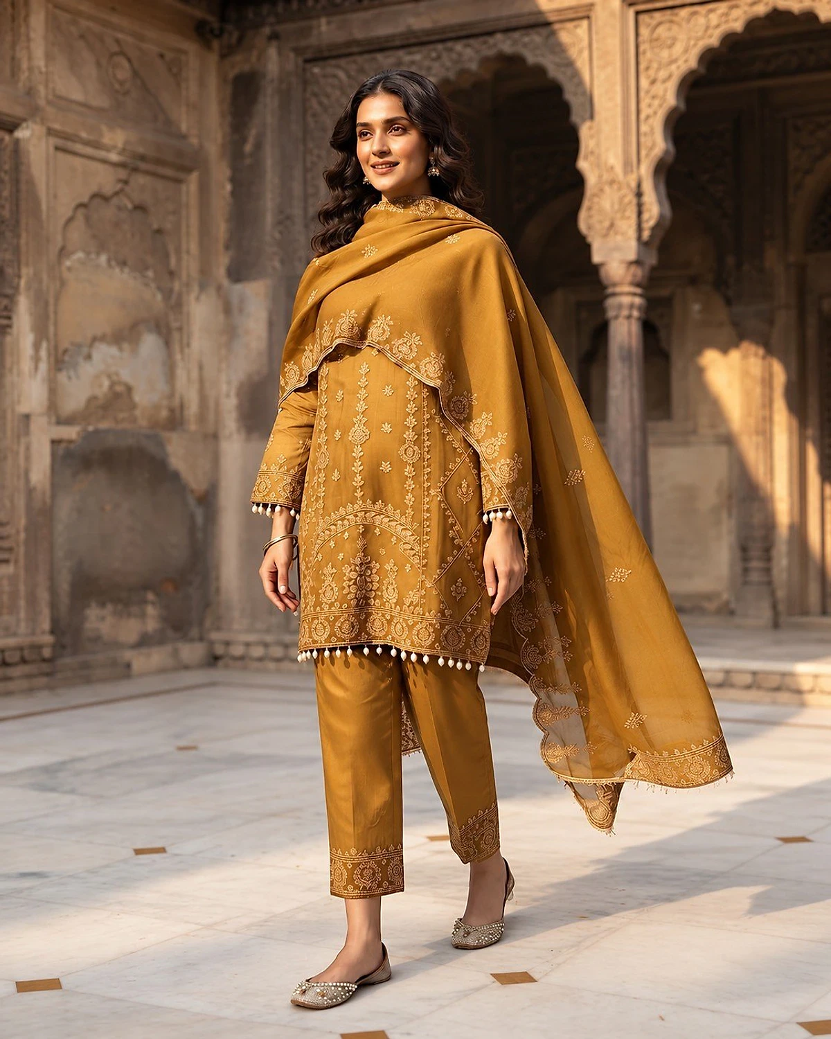 Woman wearing a mustard kurta, trousers and dupatta