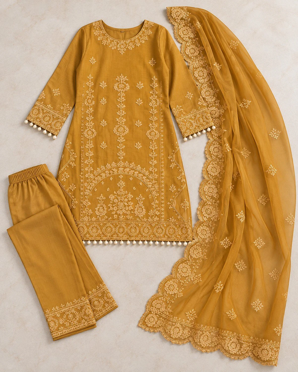 Mustard kurta, trousers and dupatta laid out flat
