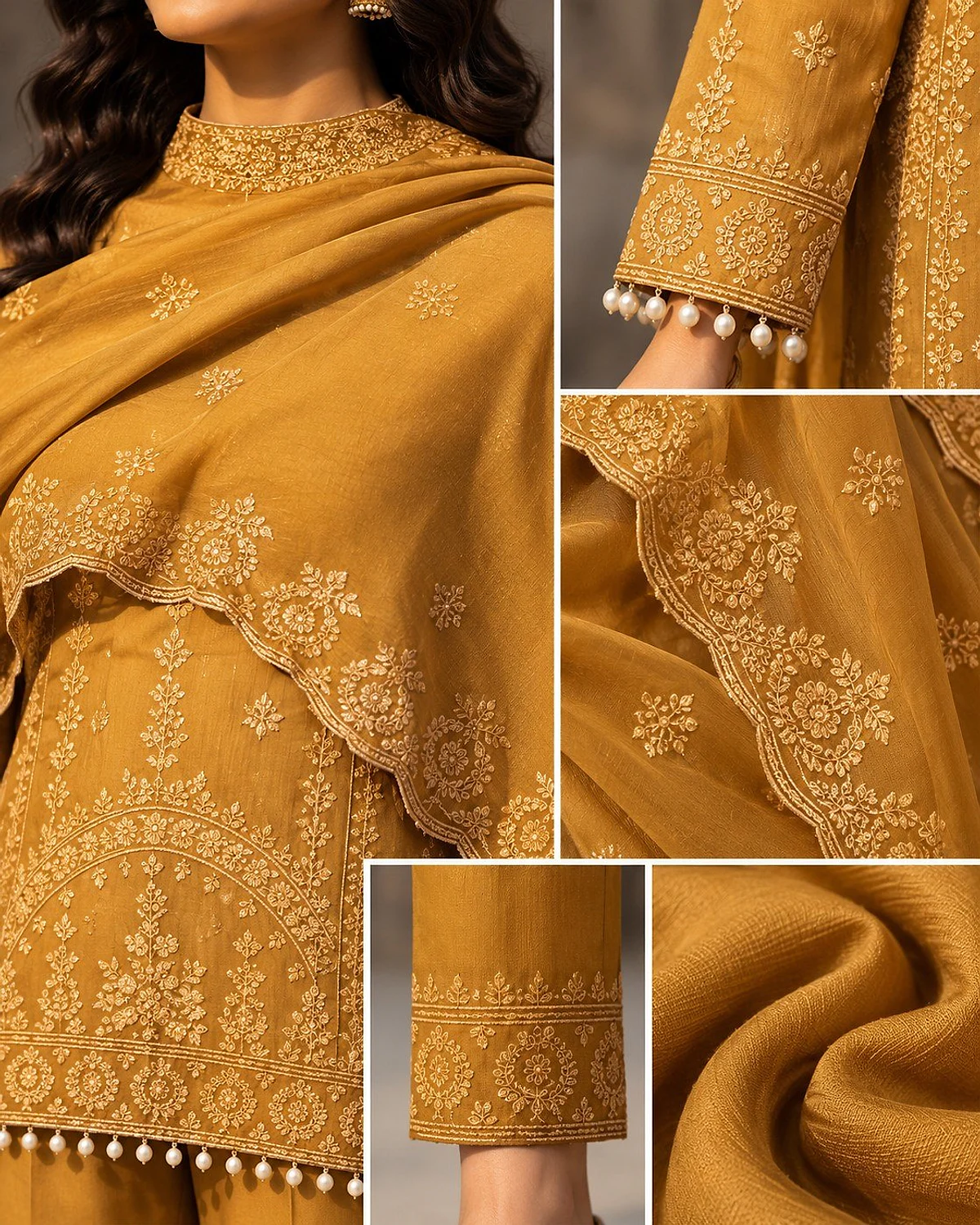 Close-up of the mustard kurta, showing fine tonal motifs and pearl-look drops