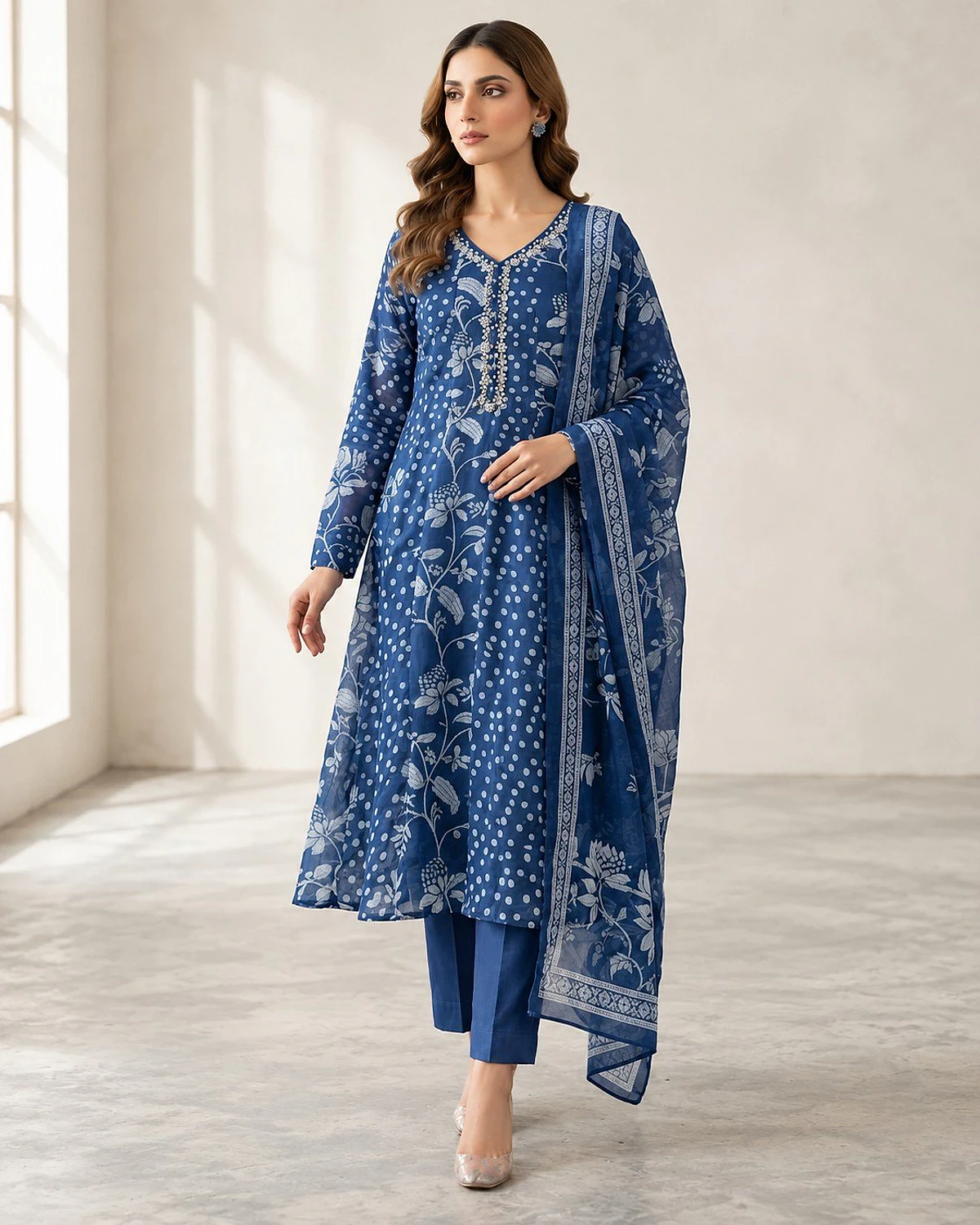 Woman wearing a royal blue kurta, trousers and dupatta