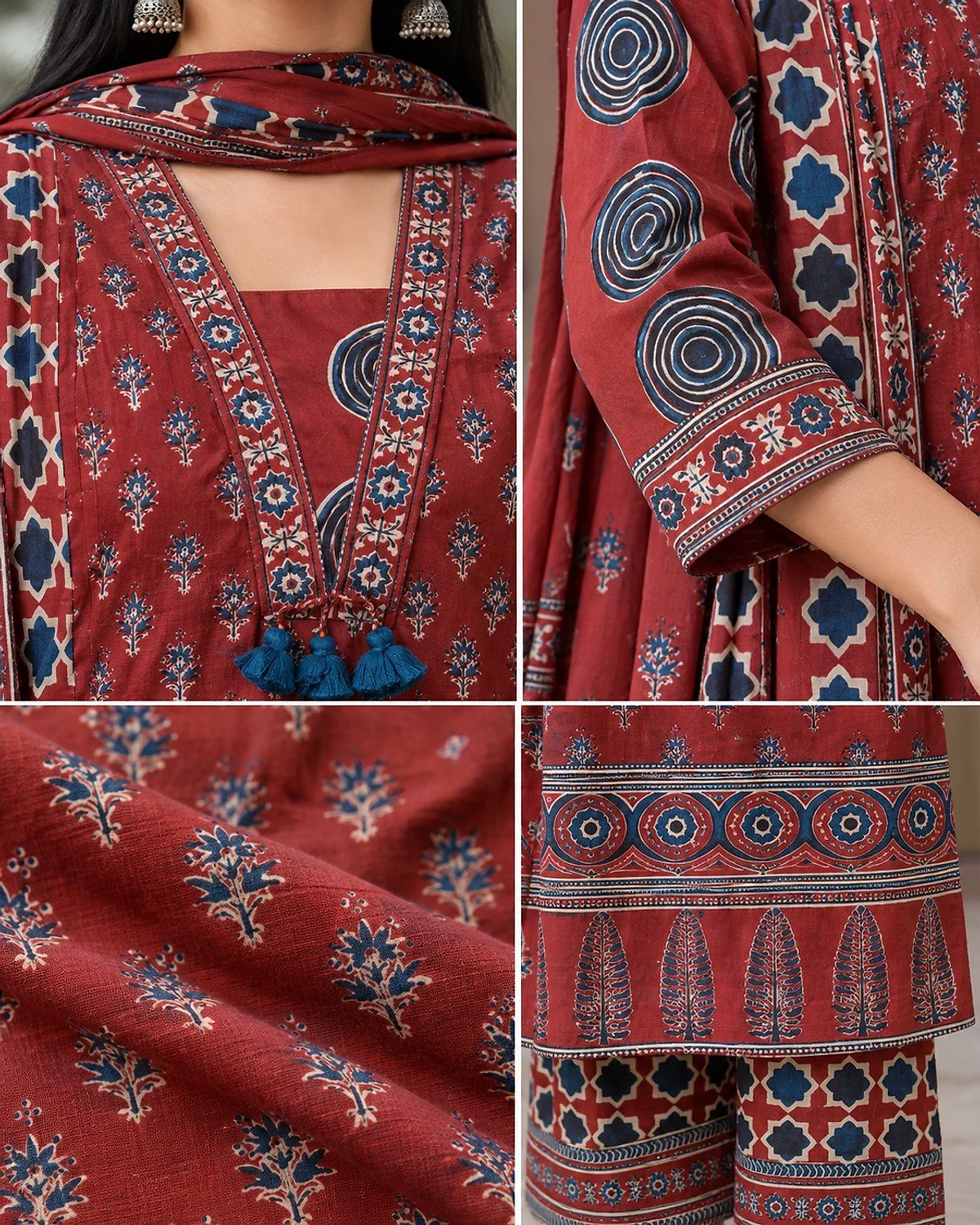 Close-up of the madder red kurta, showing a traditional print with tassels