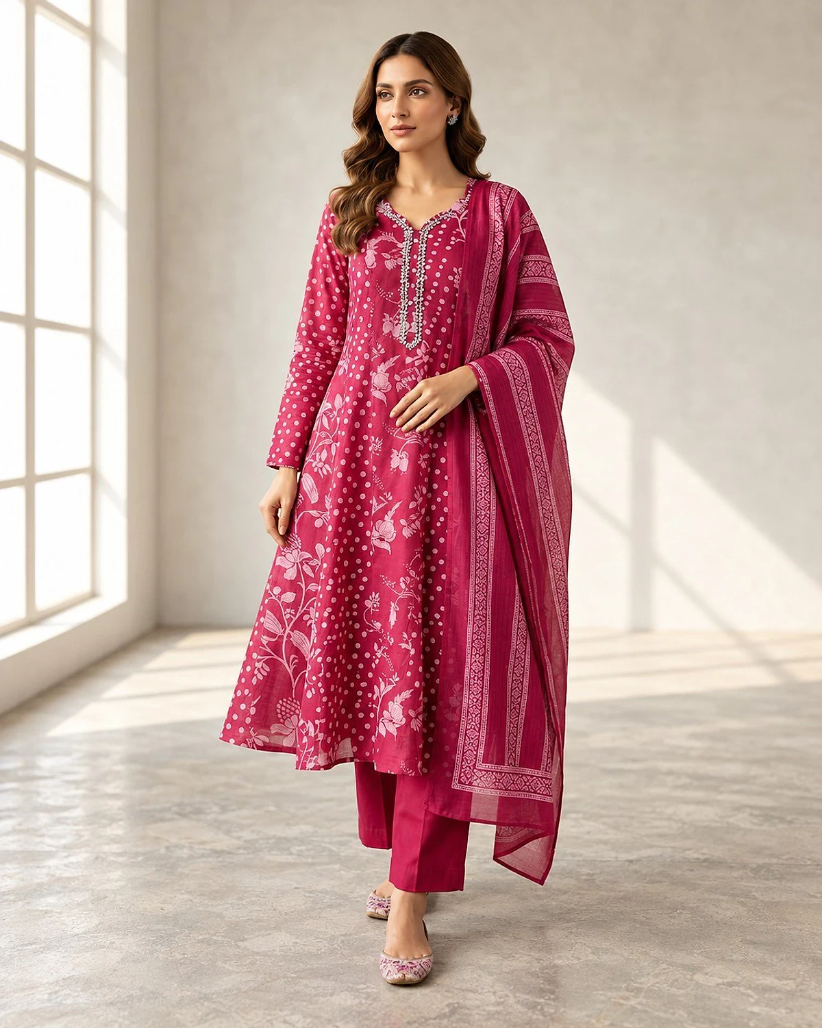 Woman wearing a fuchsia kurta, trousers and dupatta