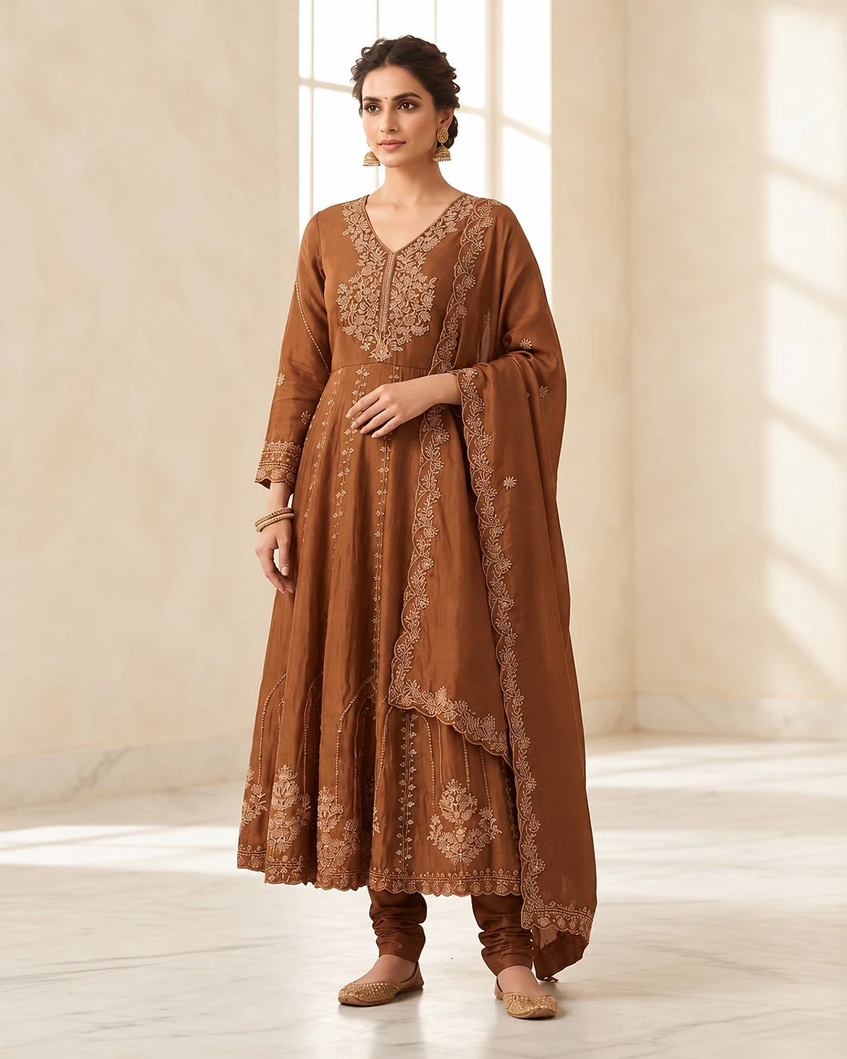 Woman wearing a coffee brown kurta, churidar and dupatta