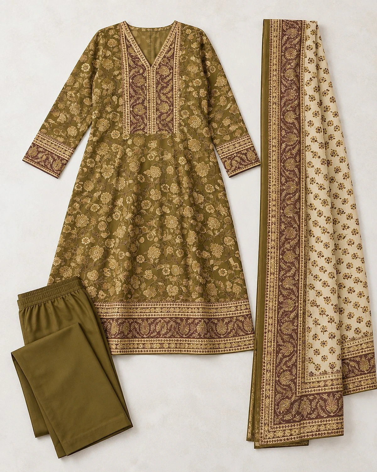 Olive green kurta, trousers and dupatta laid out flat