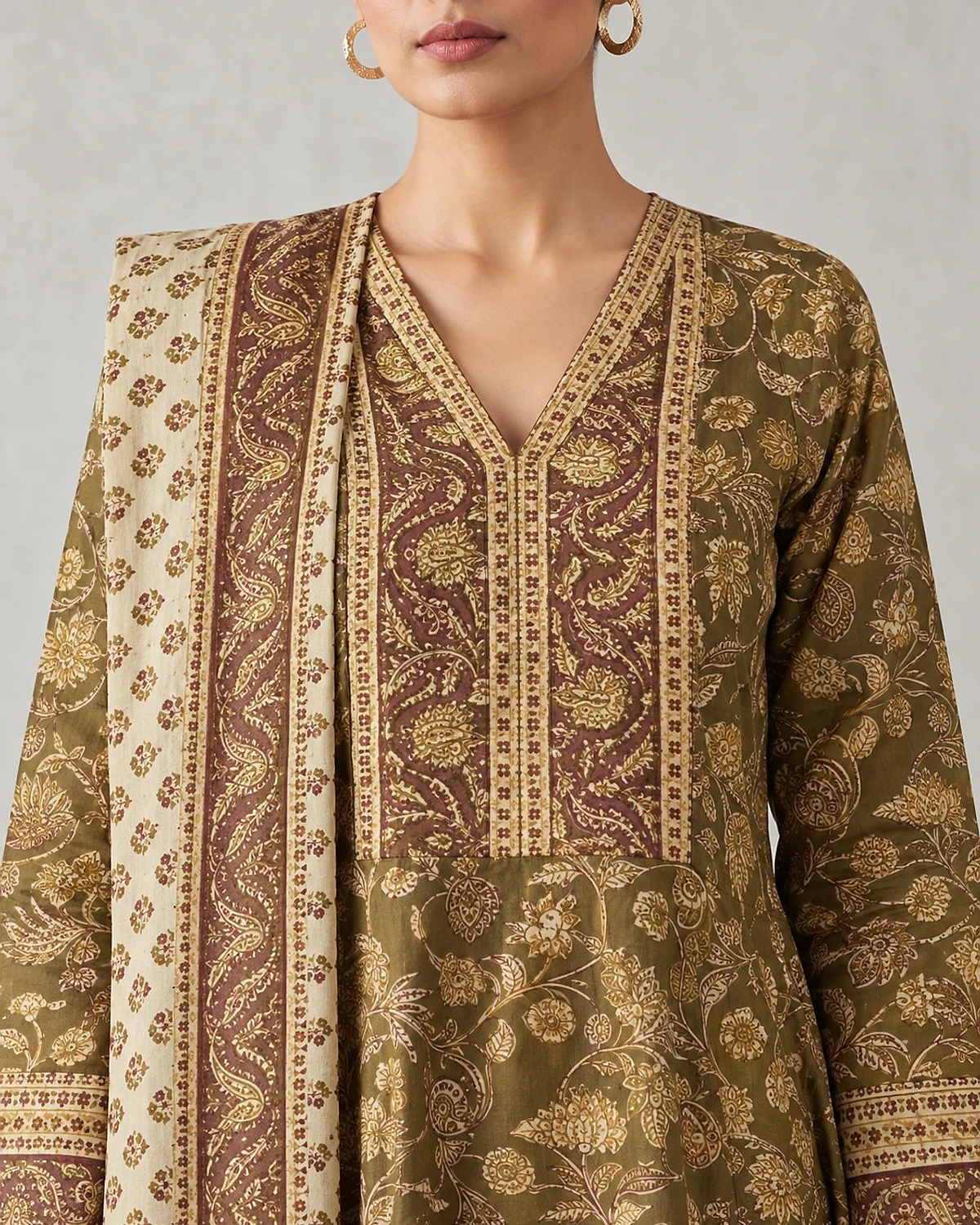 Close-up of the olive green kurta, showing a floral jaal print and a paisley-print yoke