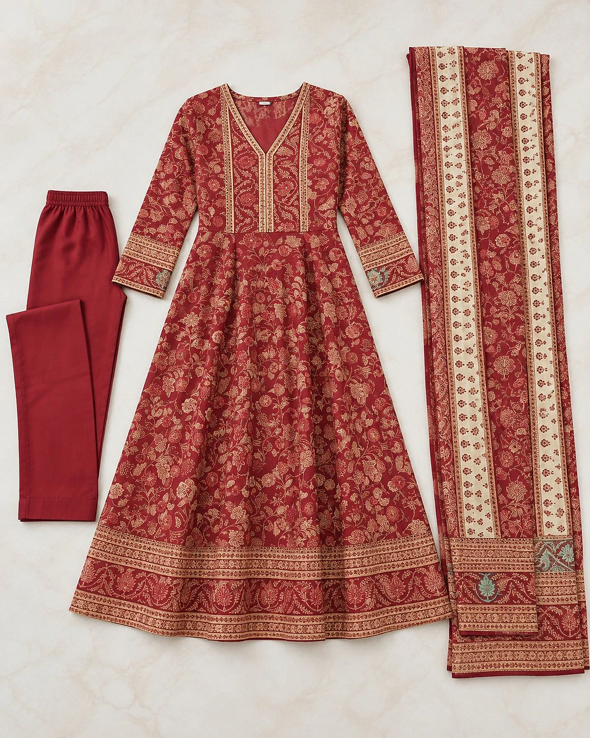 Crimson kurta, trousers and dupatta laid out flat