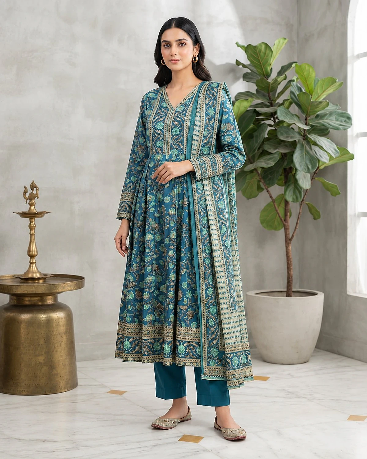Woman wearing a teal kurta, trousers and dupatta