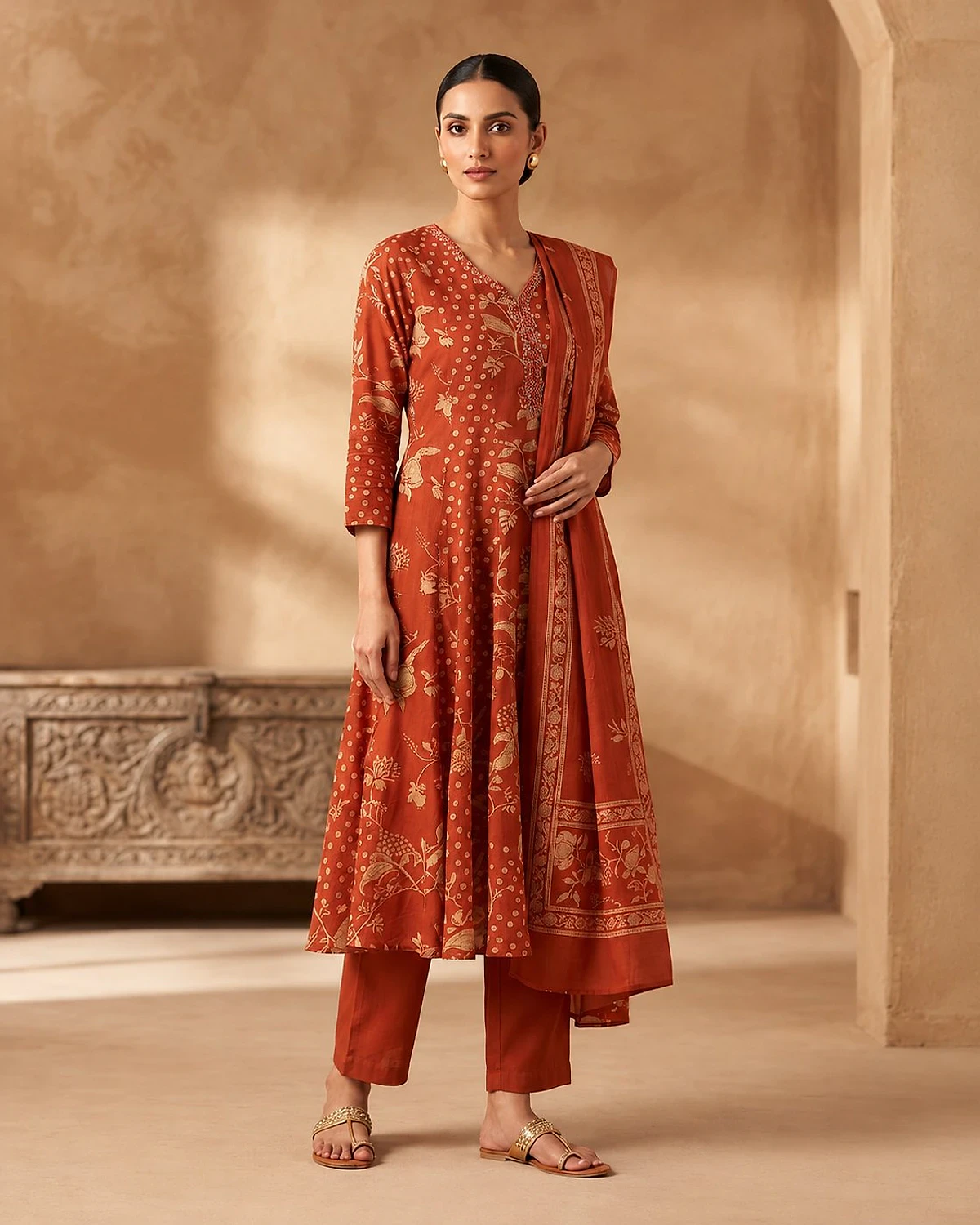 Woman wearing a copper kurta, trousers and dupatta