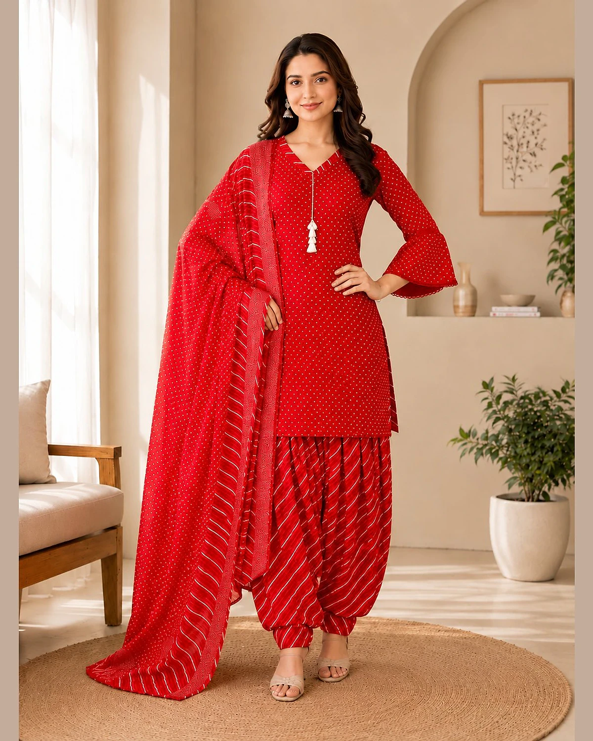 Woman wearing a red kurta, salwar and dupatta