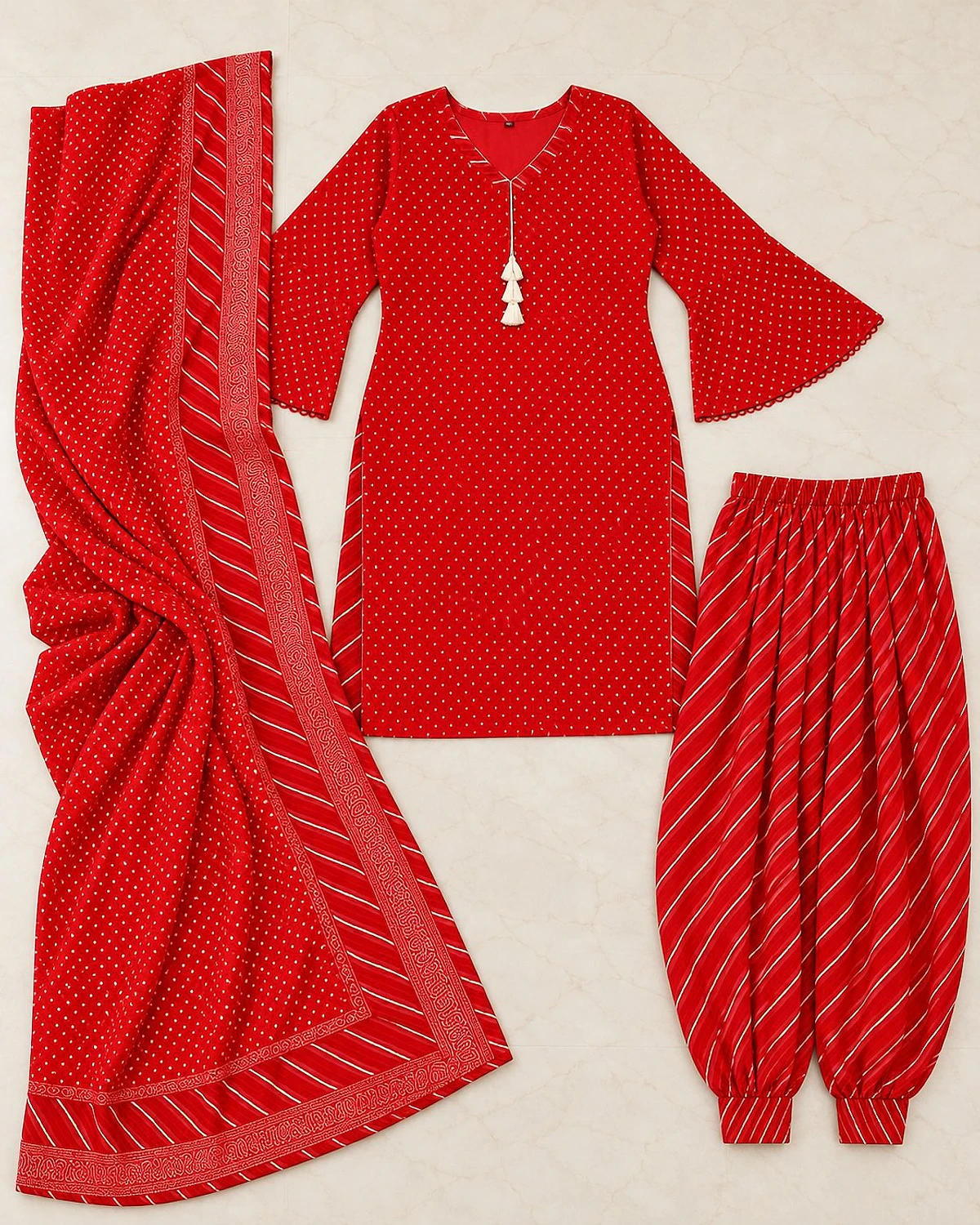 Red kurta, salwar and dupatta laid out flat