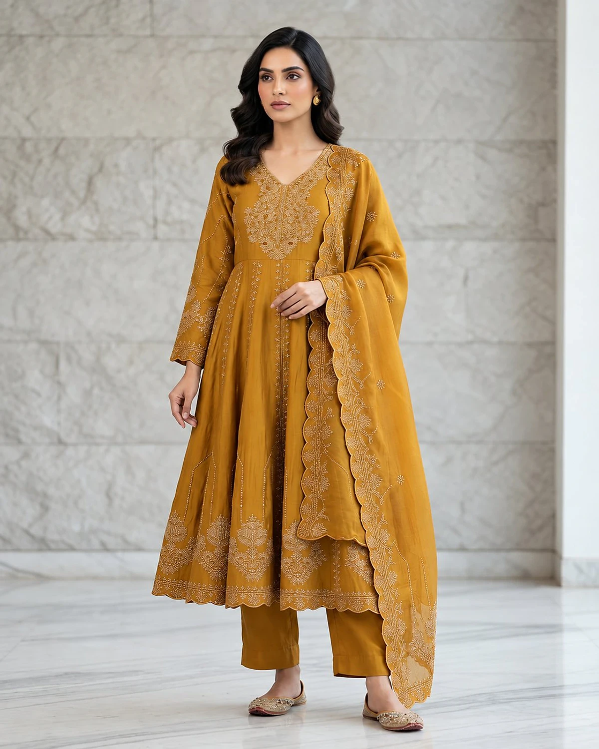 Woman wearing a mustard kurta, trousers and dupatta