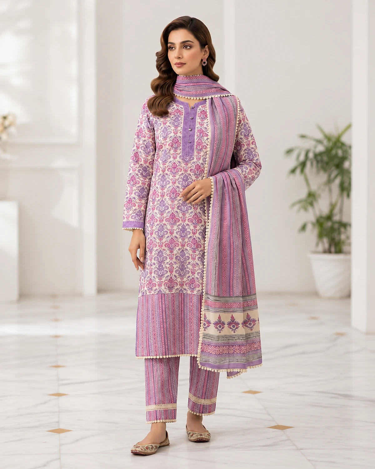 Woman wearing a lavender printed cotton kurta, striped trousers and dupatta