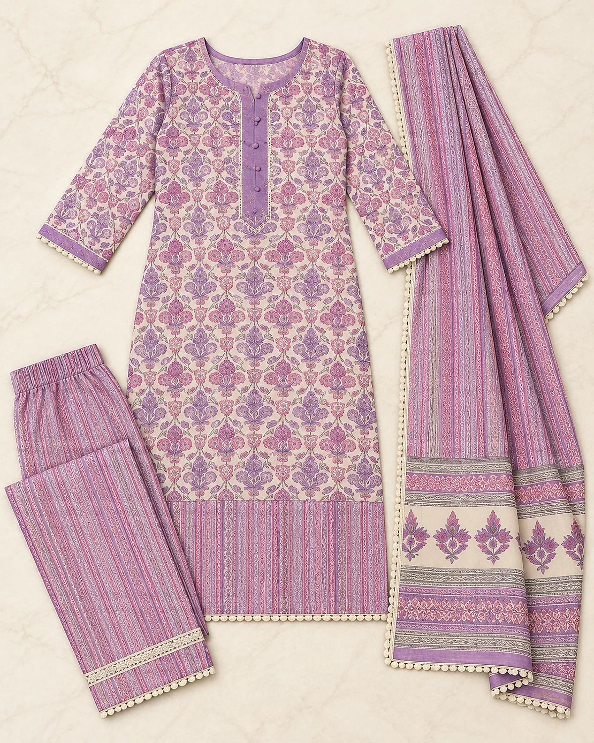 Lavender printed kurta, striped trousers and dupatta laid out flat