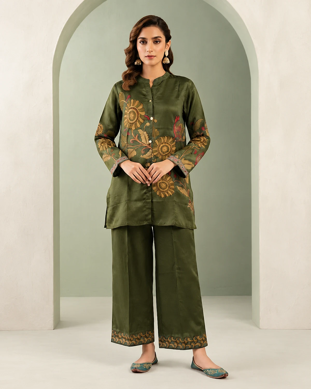Woman wearing an olive green floral print crepe tunic and palazzo