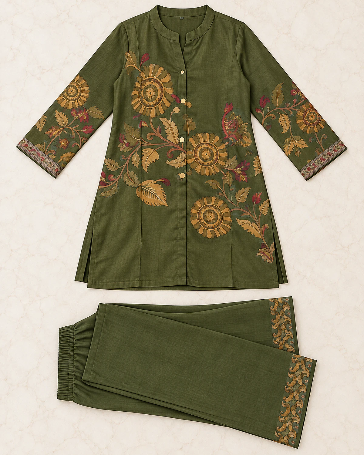 Olive green floral print tunic and bordered palazzo laid out flat