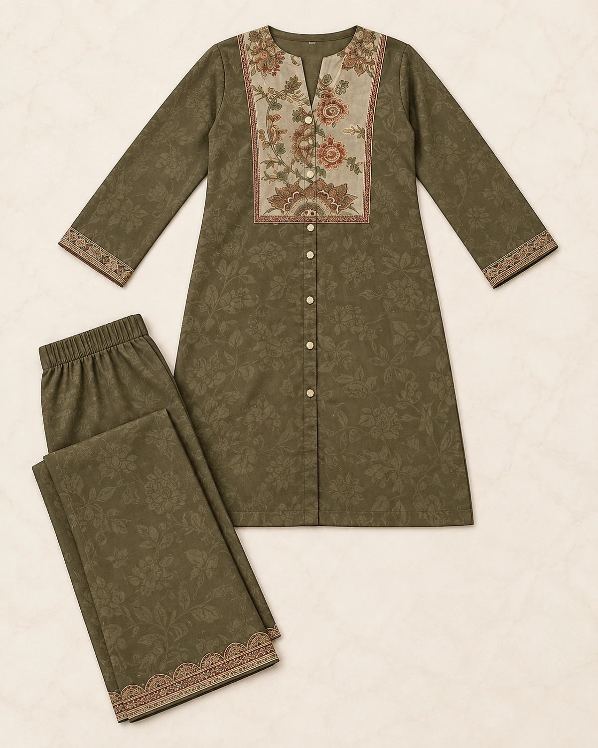 Mehendi green tunic and palazzo laid out flat