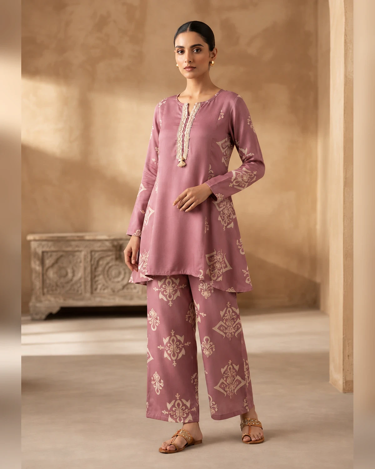 Woman wearing a lavender motif print rayon kurta and palazzo
