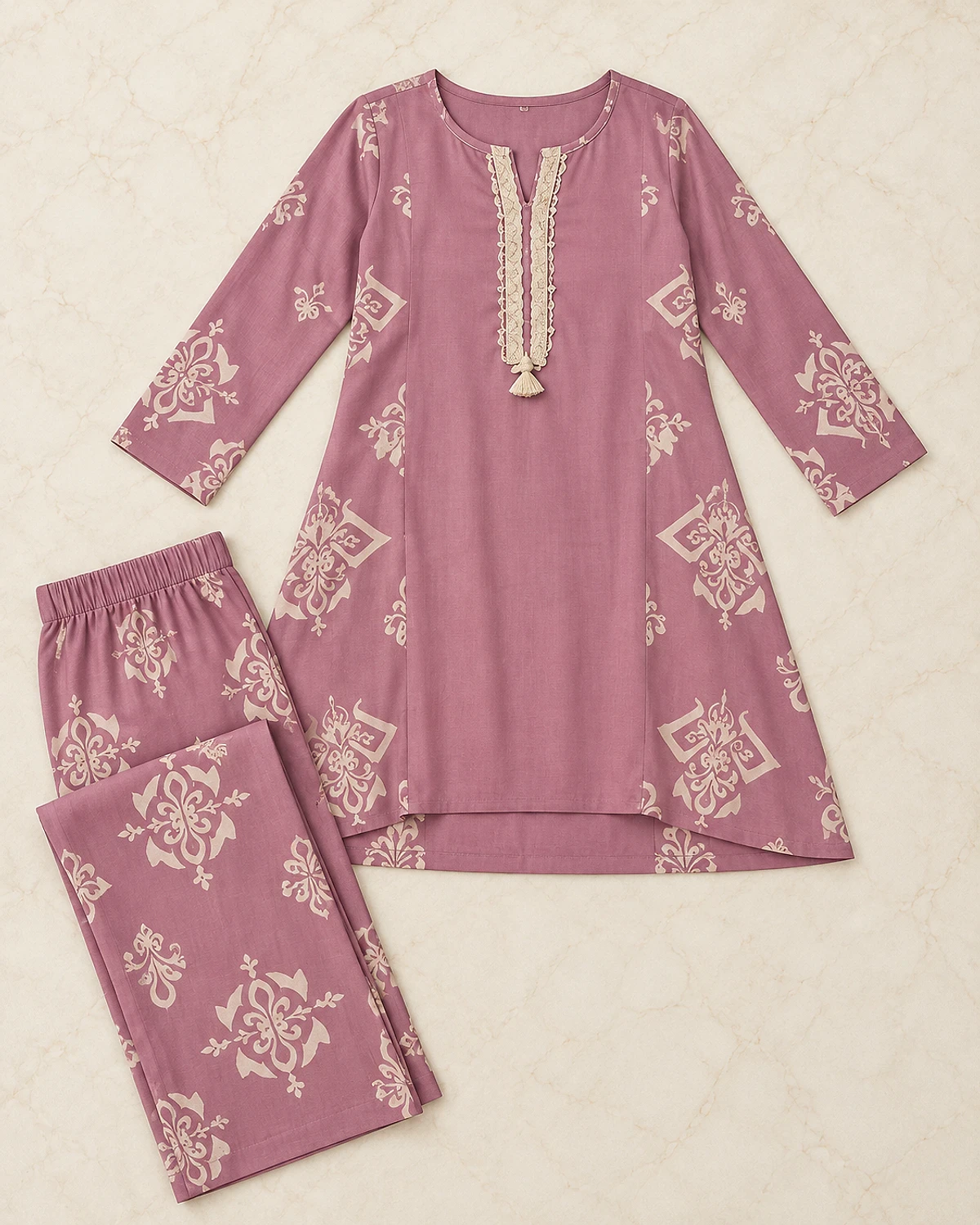 Lavender motif print kurta and palazzo laid out flat