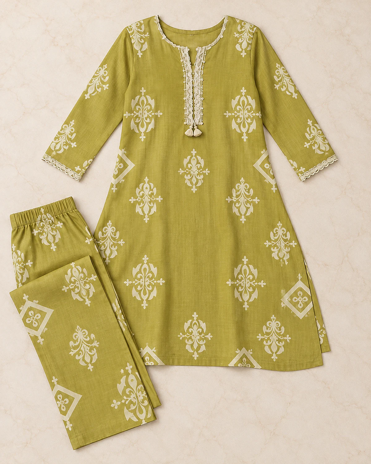 Mehendi green motif print kurta and trousers laid out flat