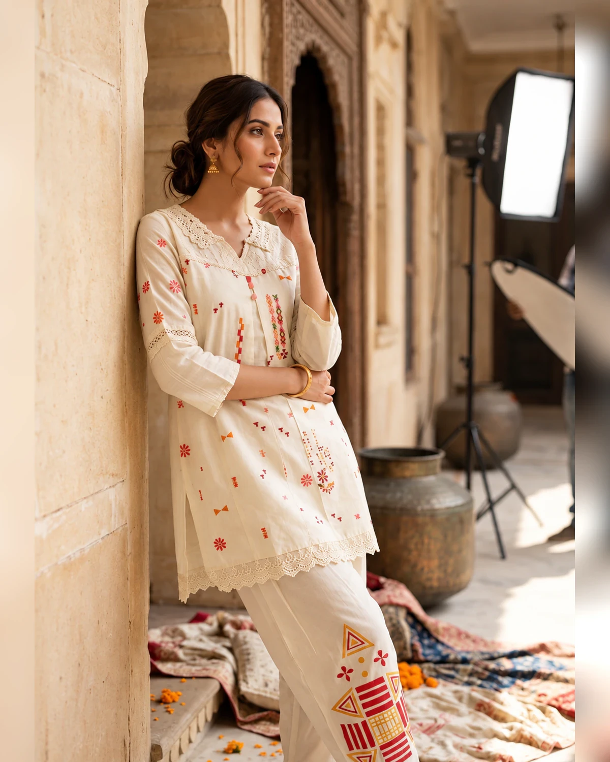 Woman wearing an ivory printed cotton tunic with a lace yoke and motif trousers