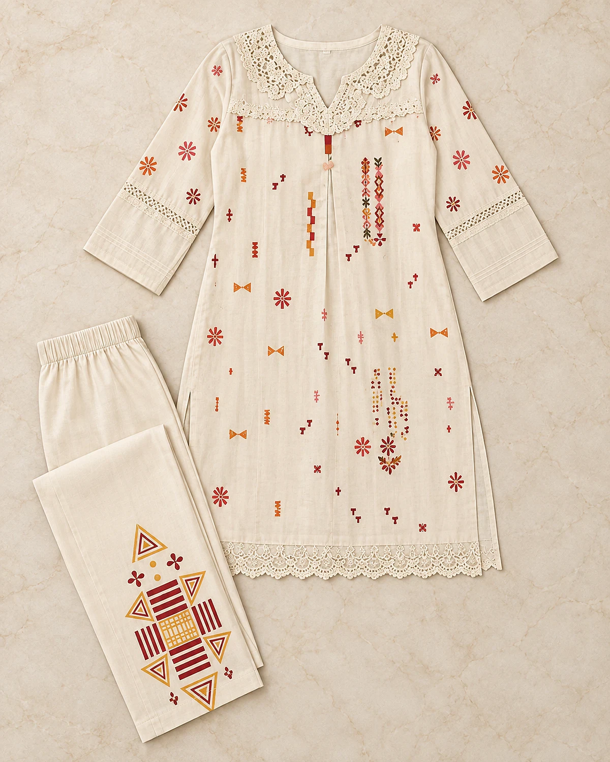 Ivory printed tunic and motif trousers laid out flat