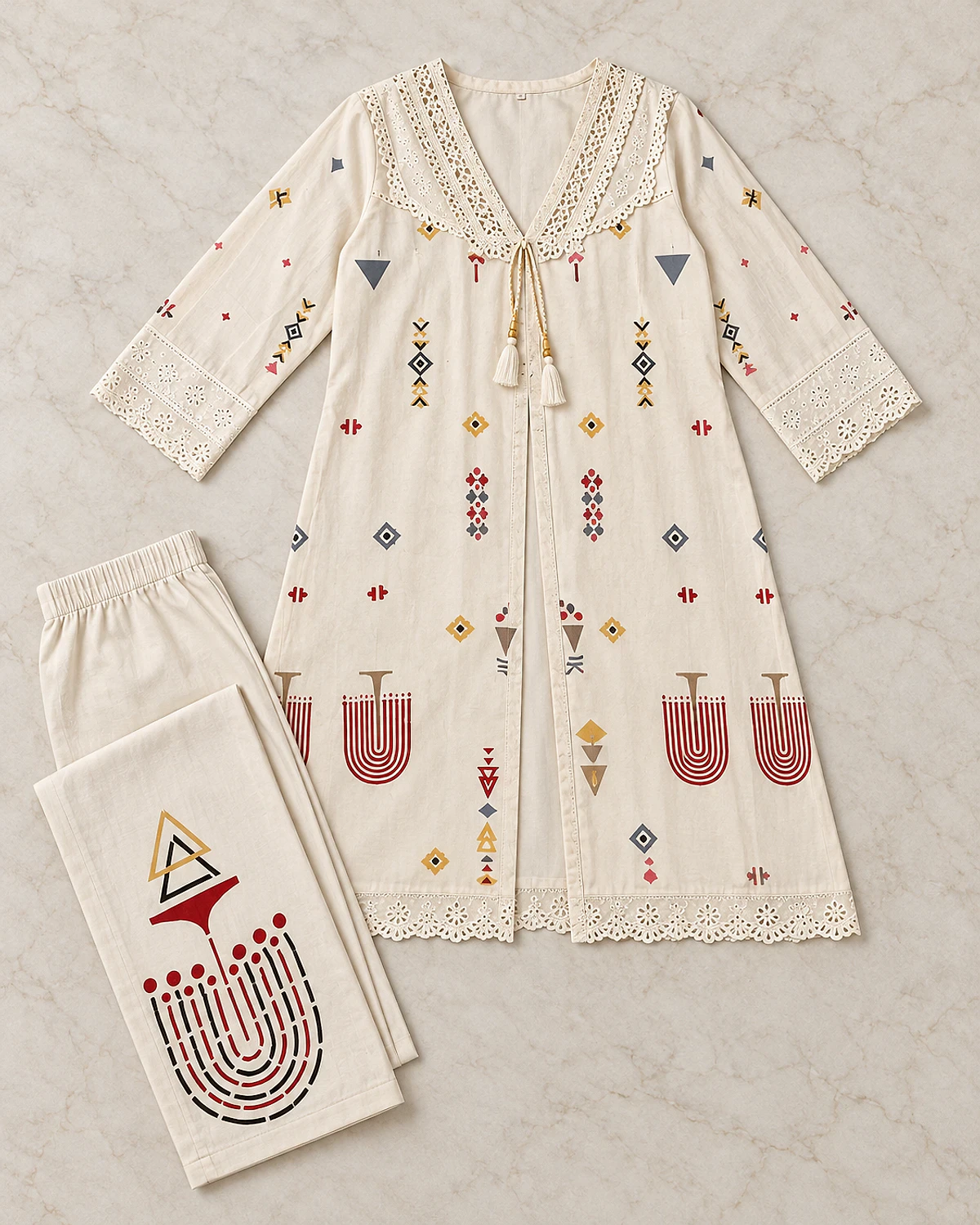 Ivory folk motif tunic and trousers laid out flat