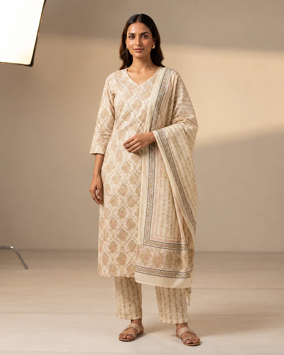 Woman wearing an ivory paisley print cotton kurta, trousers and dupatta