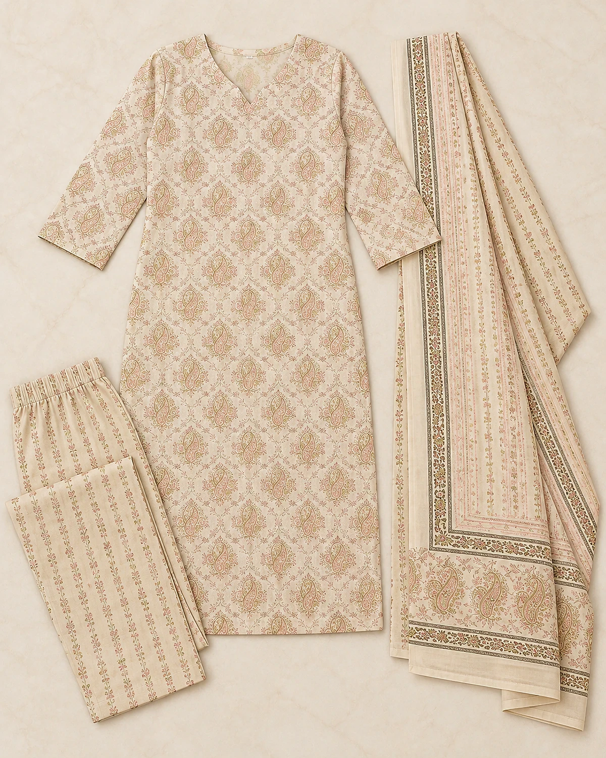 Ivory paisley print kurta, striped trousers and dupatta laid out flat