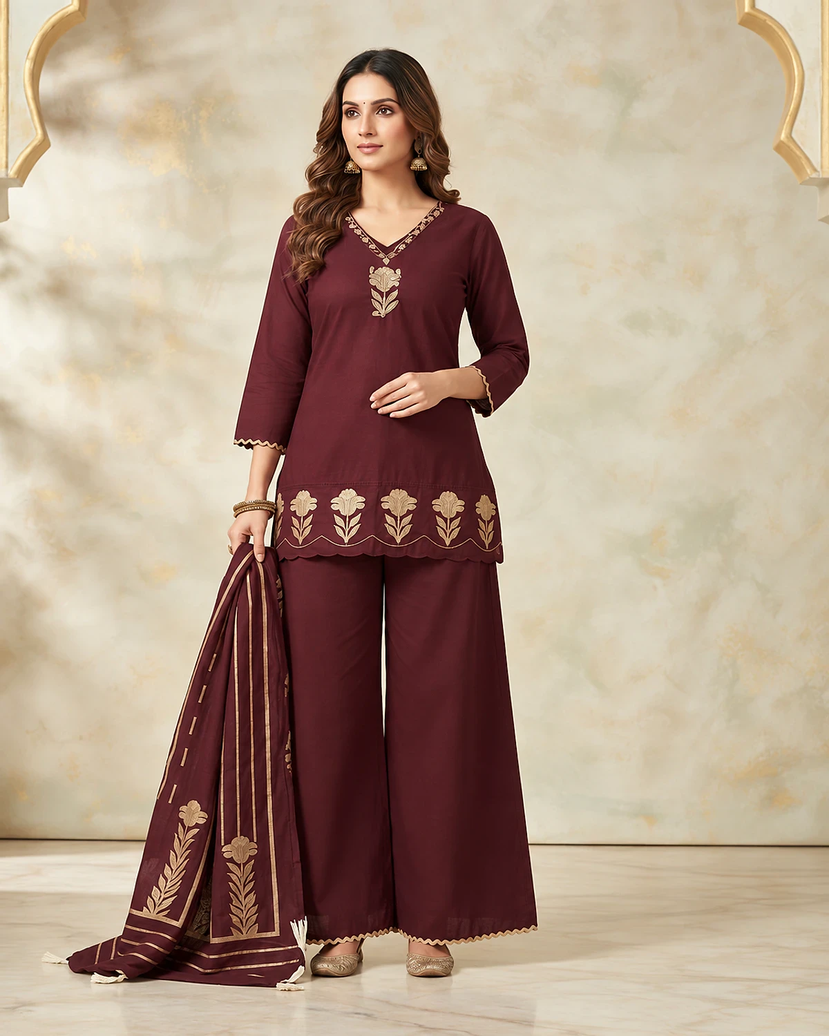 Woman wearing a maroon cotton kurta, palazzo and dupatta