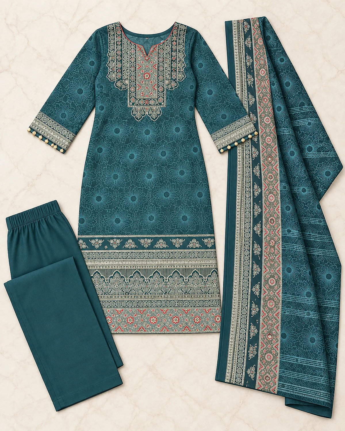 Teal printed kurta, trousers and dupatta laid out flat