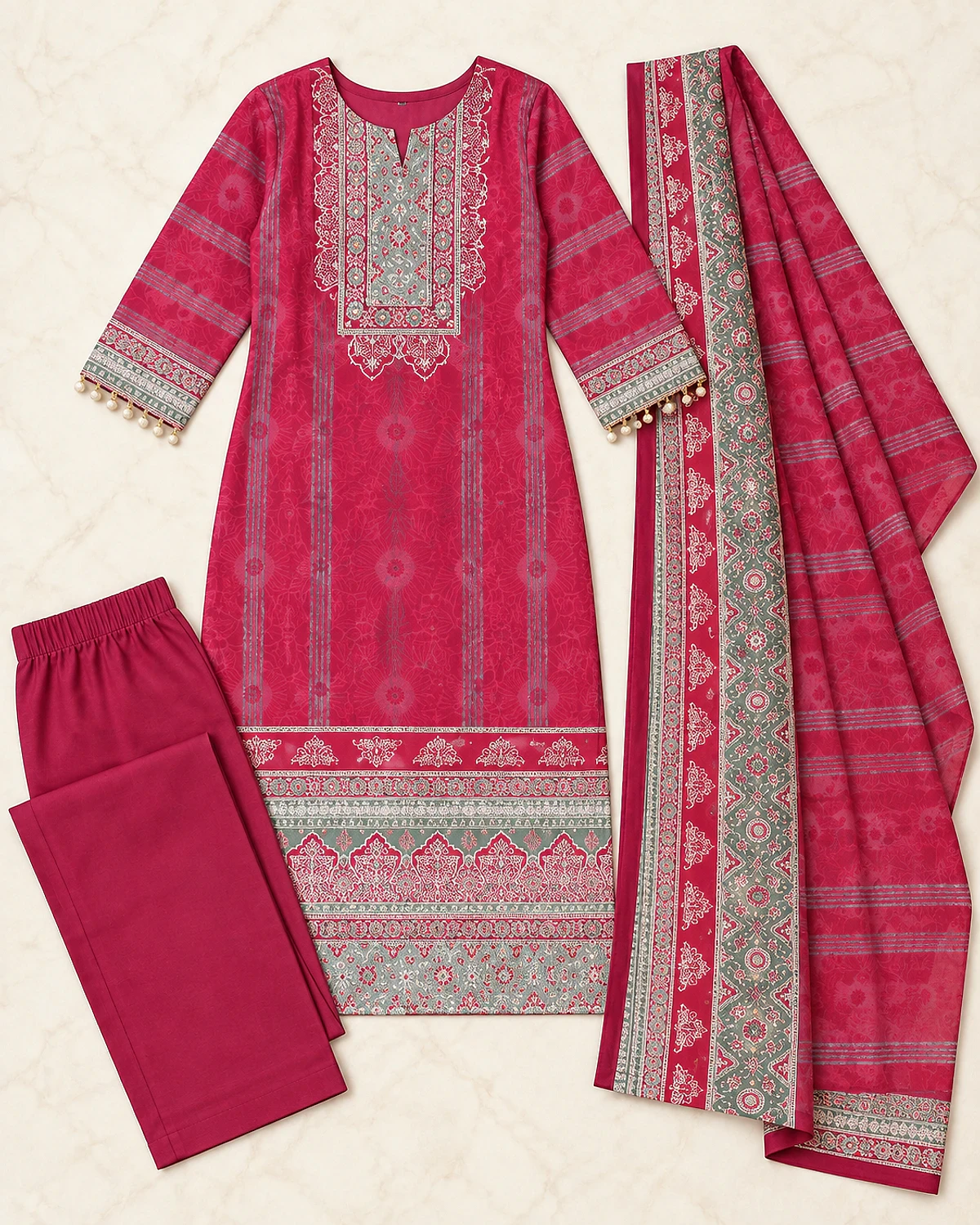 Magenta printed kurta, trousers and dupatta laid out flat