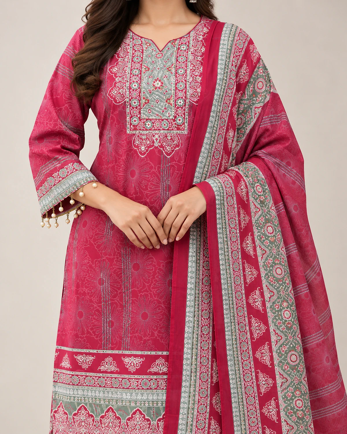 Close-up of the magenta kurta's ornate yoke and printed borders