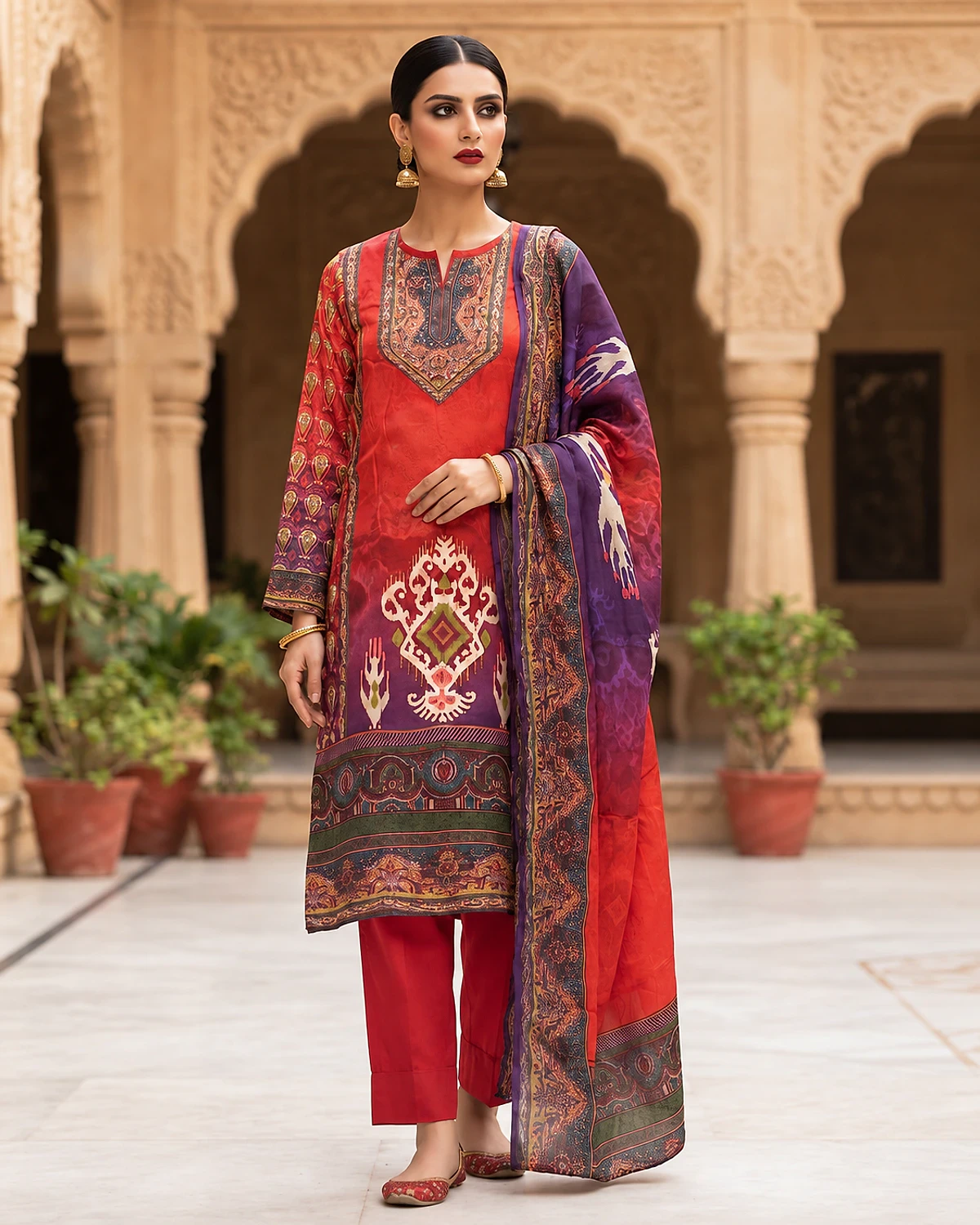 Woman wearing a red and purple printed crepe kurta, trousers and dupatta