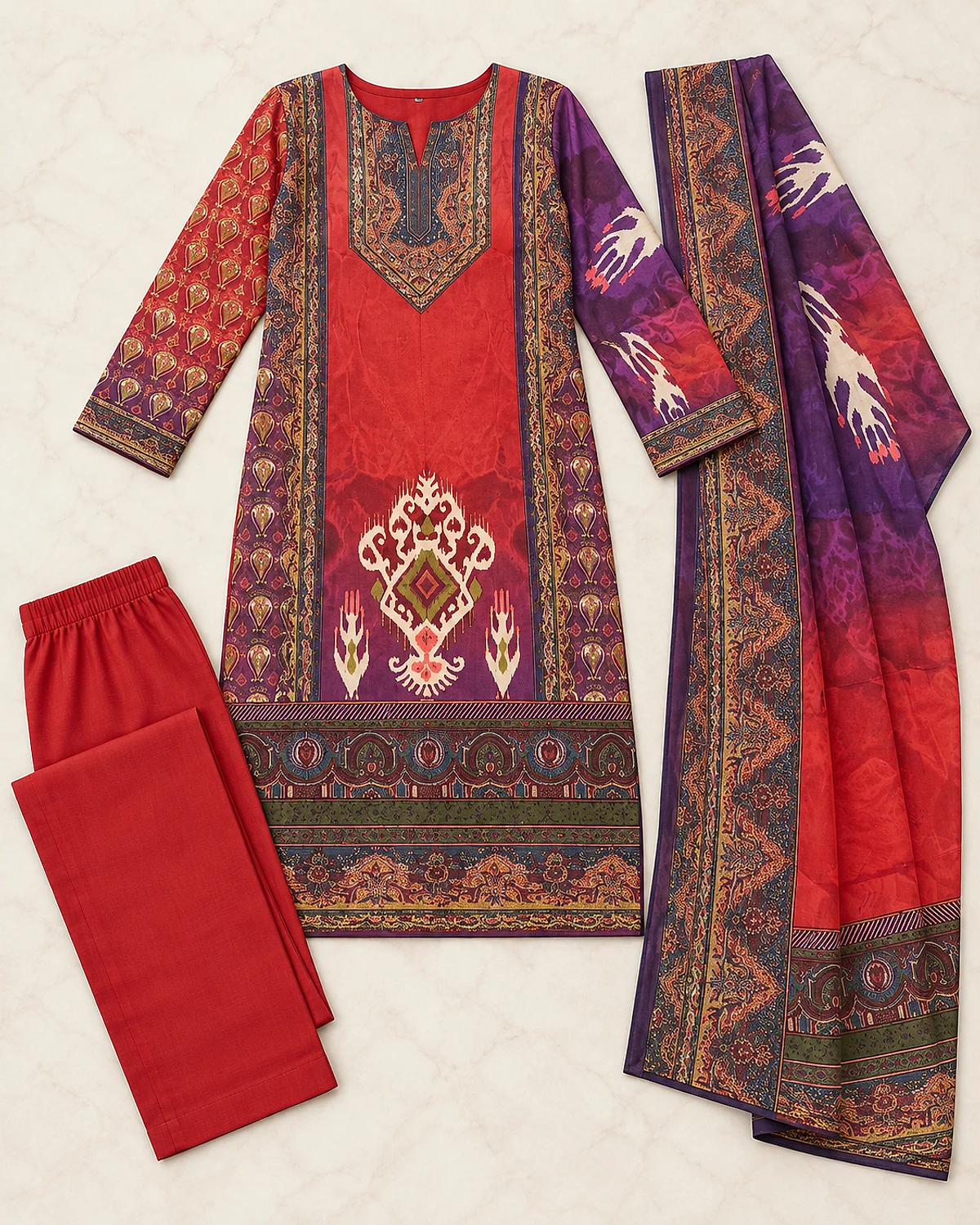 Red and purple printed kurta, trousers and dupatta laid out flat