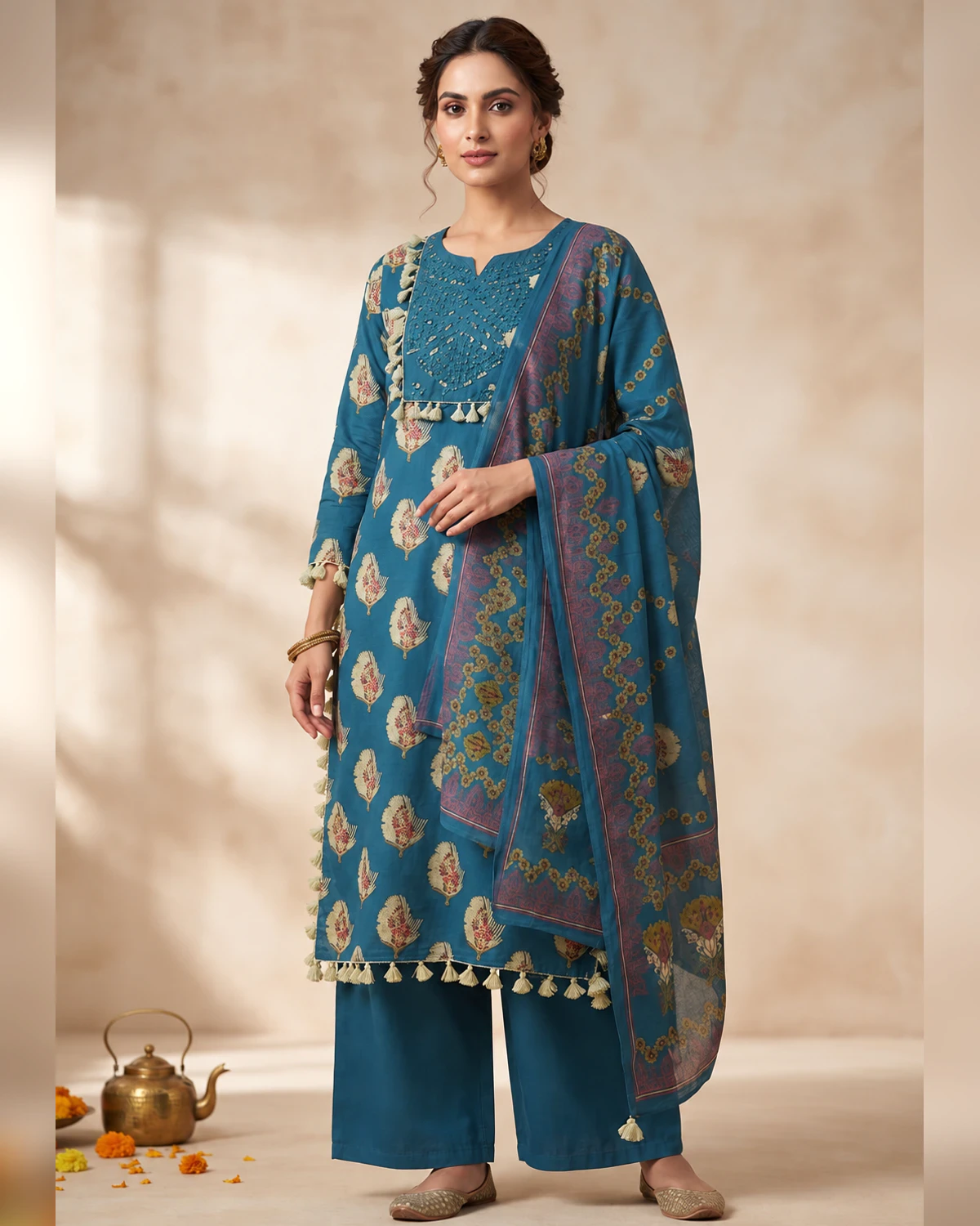 Woman wearing a teal blue cotton kurta with tassels, palazzo and dupatta